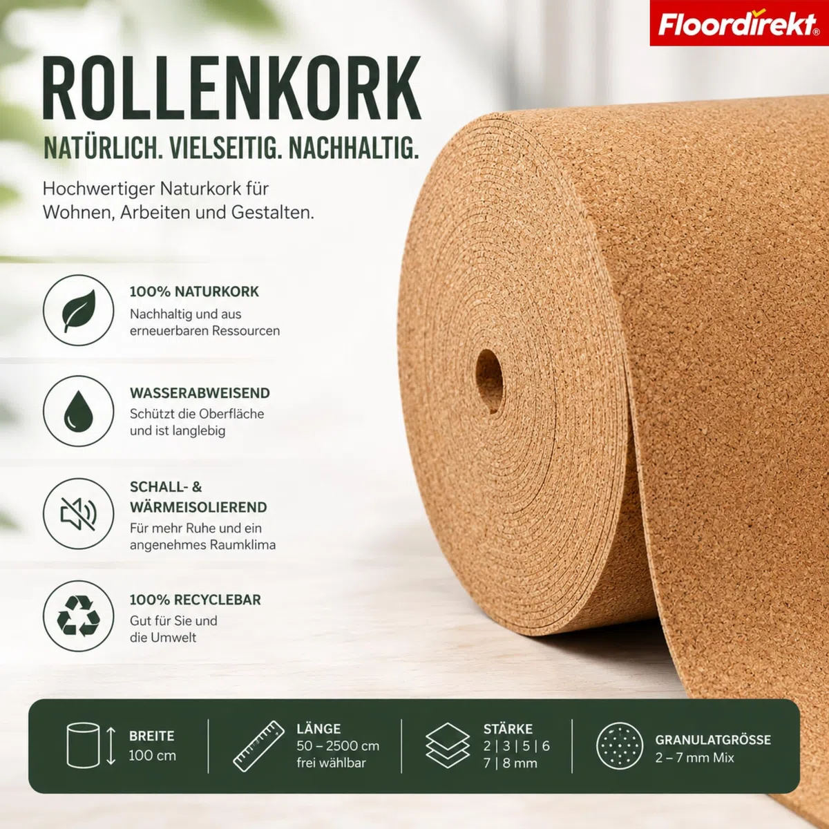 Floordirekt Rollenkork 100 x 100 cm, 2 mm - Natürliche Dämmunterlage - Vielseitig einsetzbar - Schall- und wärmeisolierend