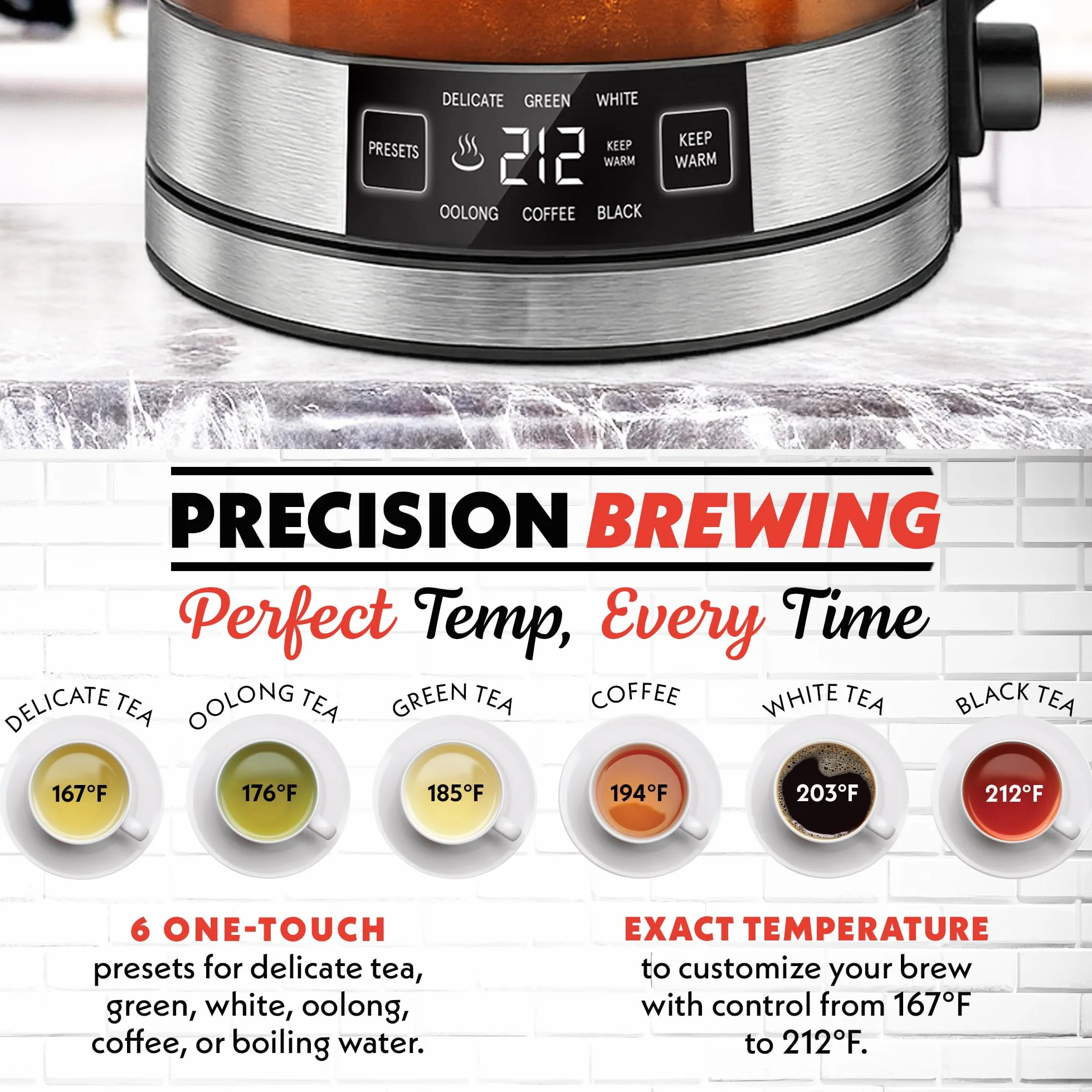 Programmable Digital Glass Kettle – 1.7L Adjustable Temperature Electric Kettle with 6 Presets, Keep Warm, Stainless Steel Tea Infuser, 360° Swivel Base, Black