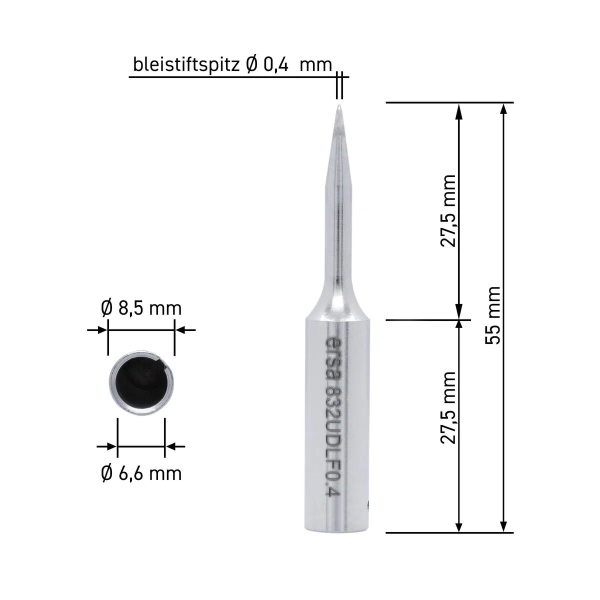 Dauerlötspitze gerade verlängert bleistiftspitz 0,4 mm Durchmesser mit ERSADUR-LF Beschichtung (bleifrei löten) für erhöhte Standzeit 0832UDLF