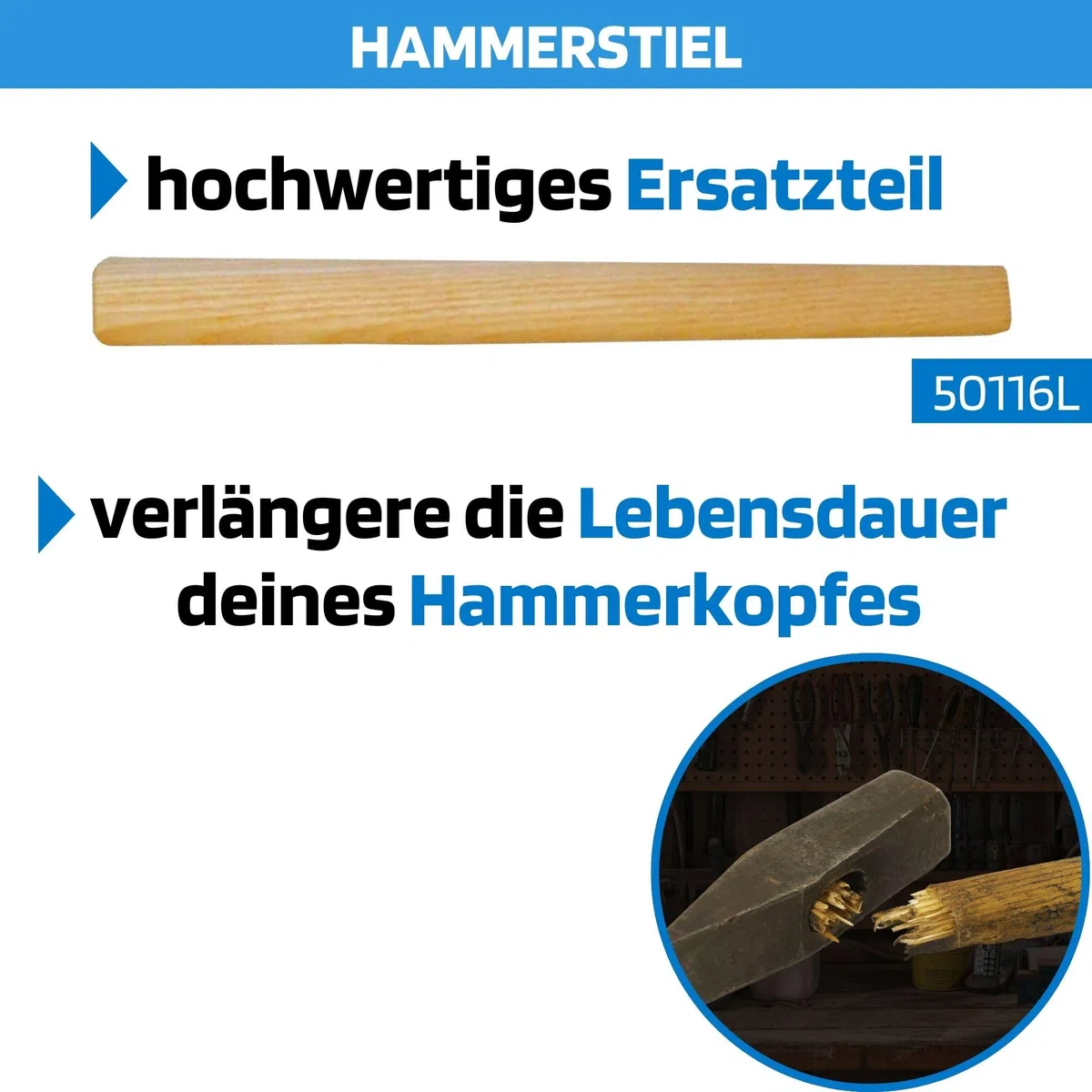 SW-Stahl 50116L Hammerstiel aus Eschenholz für 1000 g Hammerkopf I 360 mm Hammergriff Holz I Ersatzstiel für Hammer Made in Germany