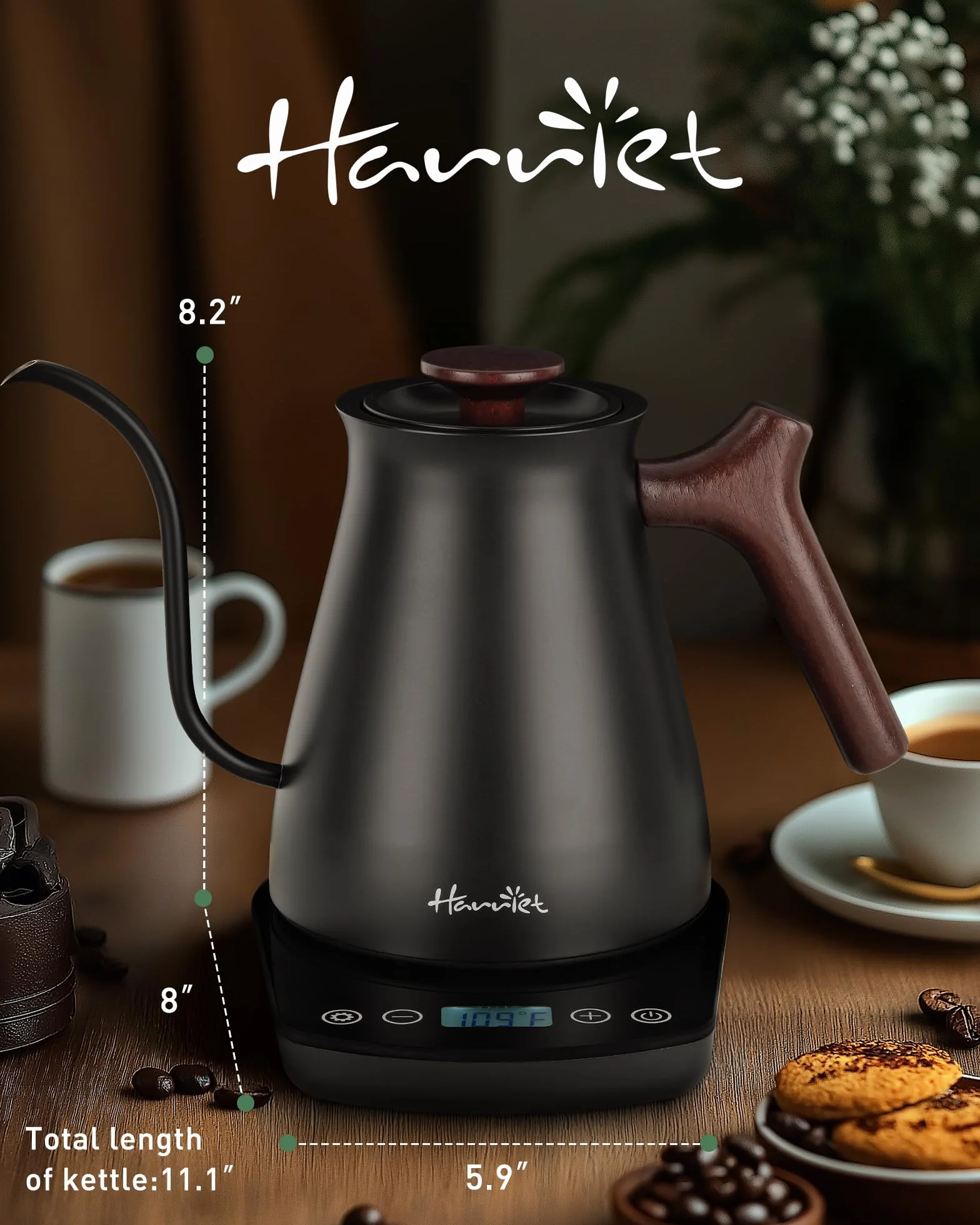 Gooseneck Electric Kettle, 0.8L, 1°F Control, Brew Timer | 120-Min Keep Warm, 104–203°F Control, Built-In Brew Timer, SUS304 Stainless Steel, Wood-Accent Handle for Pour-Over Coffee