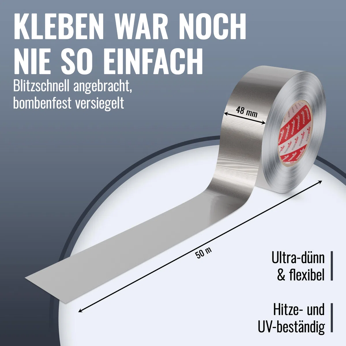 POPPSTAR Aluminium-Klebeband hitzebeständig (50m x 48mm) Aluklebeband für Dämmung & als Dampfsperre für Spülmaschine, Arbeitsplatte, Dachrinne