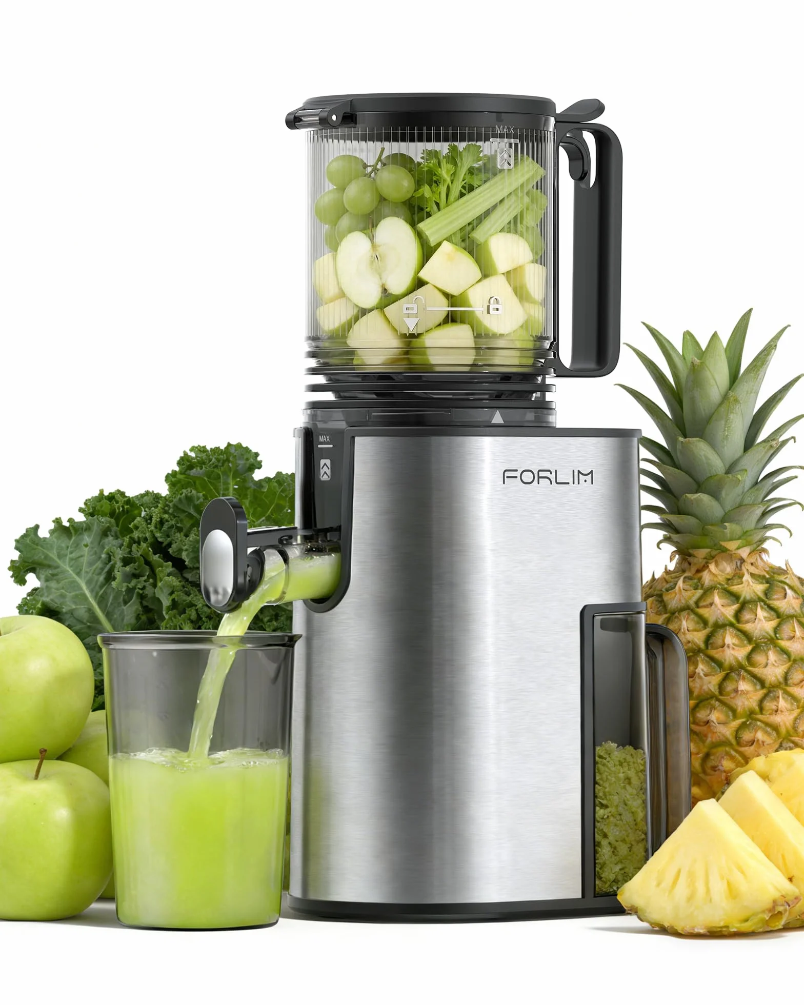 FORLIM Cold Press Juicer, 5.2" Large Feed Chute Fits Whole Fruits, Slow Masticating Juicer Machine, Easy to Clean, High Juice Yield Juice Extractor for Fruits & Vegetables, Daily Home