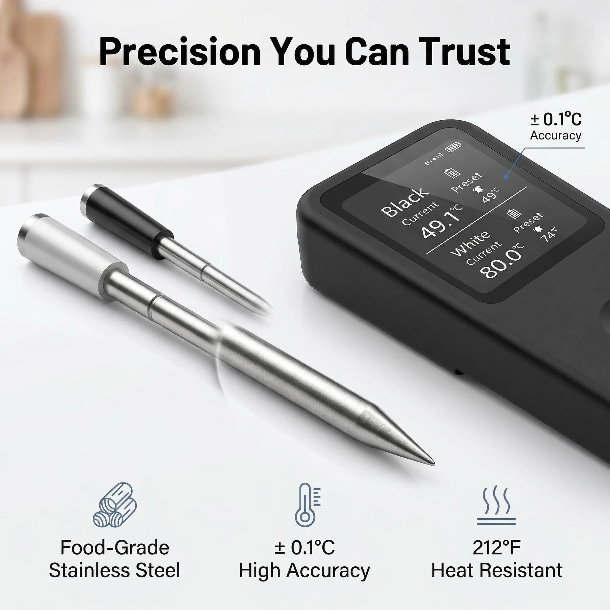 2.4 Inch Wireless Meat Therm游戏副本 with Dual Probes, Bluetooth Meat Thermometer with 500FT Range, 400°C Heat-Resistant Probe, Smart App with 12 Presets for Grilling BBQ Oven Smoker