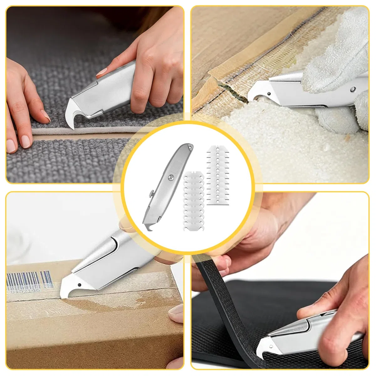 Teppichmesser Hakenklinge,Hakenmesser Cuttermesser mit 20 Ersatzklingen, Teppichmesser Profi für Präzises Schneiden von Teppich, PVC-Böden und Dachmaterialien (10 Trapez / 10 Hakenklingen)