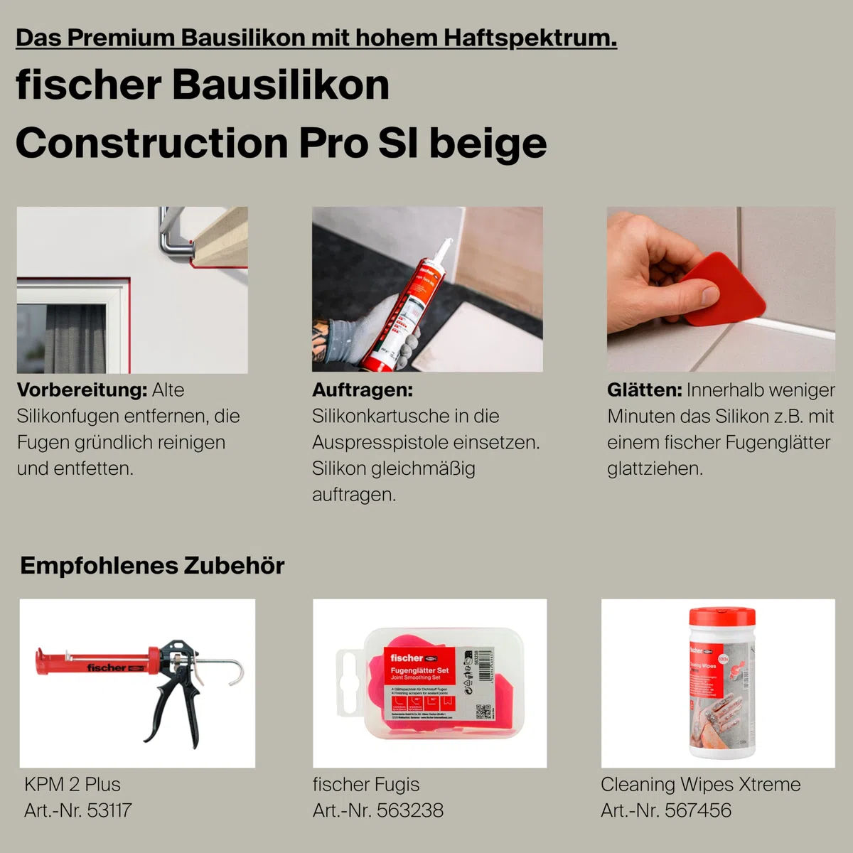 fischer Premium-Bausilikon, geruchsarmes Silikon, wetterfeste Dichtmasse für Innen & Außen, Kartusche für zahlreiche Anwendungen und Baustoffe, Langzeitschutz vor Schimmel, 310 ml, beige