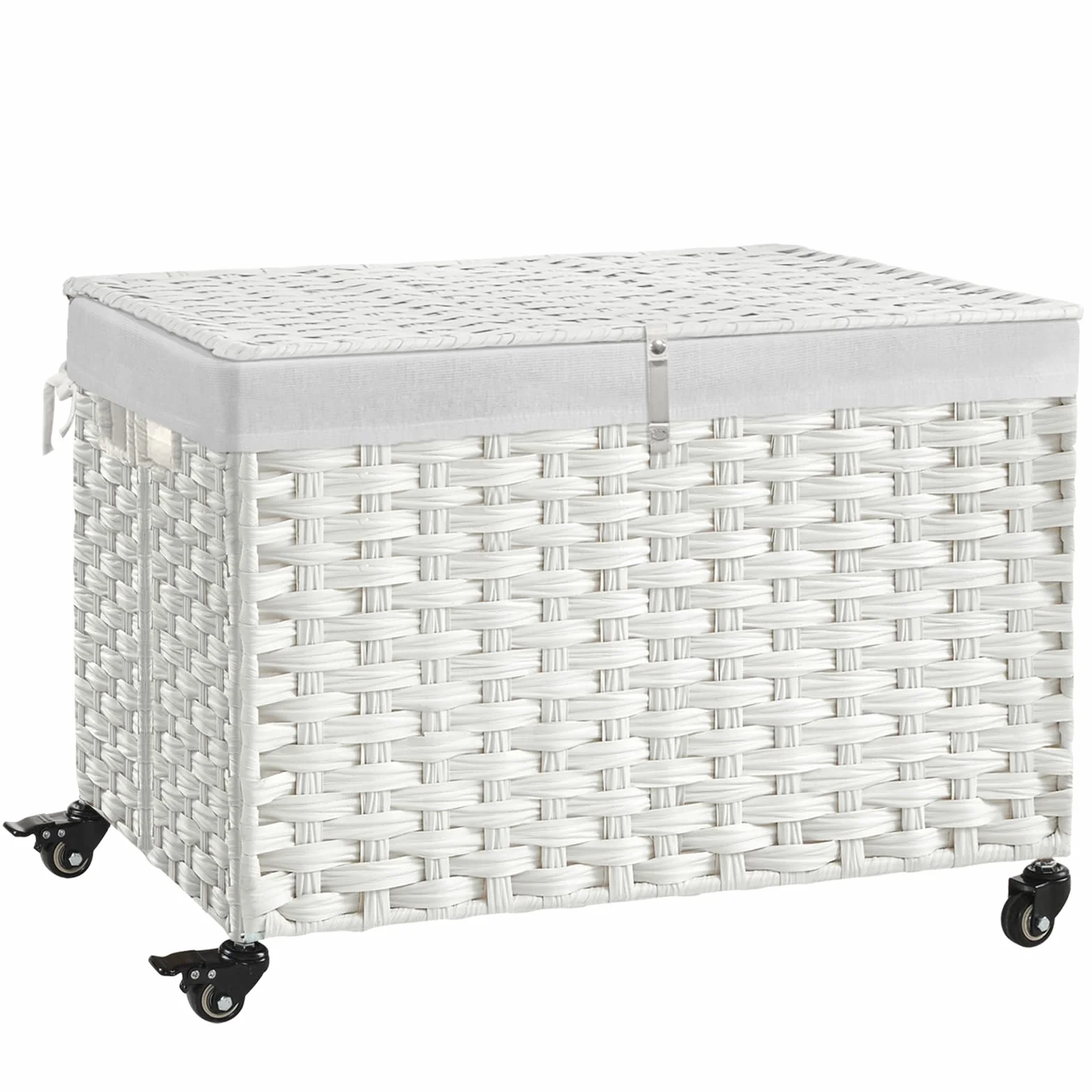 Rolling Storage Basket with Lid, 47.6 Gallon (180L) Storage Bin with Wheels, Woven Rattan Blanket Storage Basket with Handles, Foldable, Metal Frame, Removable Liner for Bedroom, Laundry Room, White