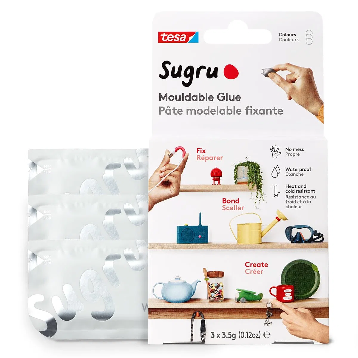 Sugru by tesa - Formbarer Allzweckkleber, 3er-Pack, 3 x 3,5 g, Weiß - vielseitige Klebeknete - zum Dekorieren, Kleben, Reparieren und für kreative DIY-Anwendungen