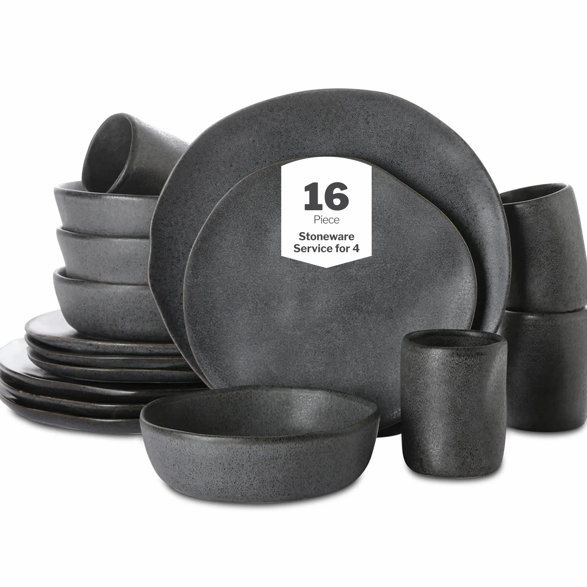 HEKONDA Modern Debossed Stoneware 16-Piece Dinnerware Set,Plate and Bowl Set, Dish Set for 4, Gray