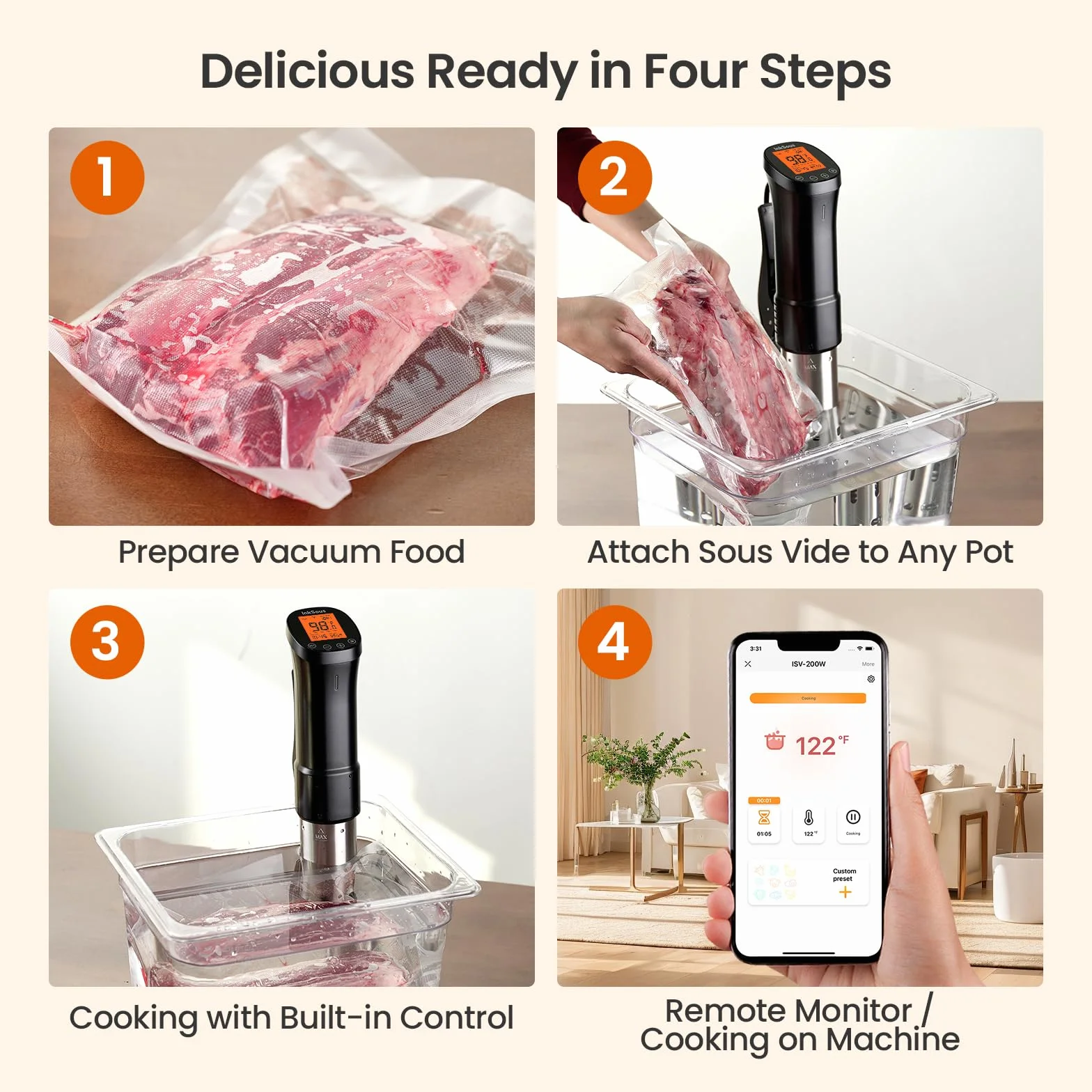 WiFi Sous Vide Cooker 2.4G, 1000W, APP Control, 1°F Accuracy | Sous Vide Machine ISSV-200-W with 18 Preset Recipes, 100-Hour Timer, Temperature Calibration&Alarm, Ultra-Quiet Fast Heating