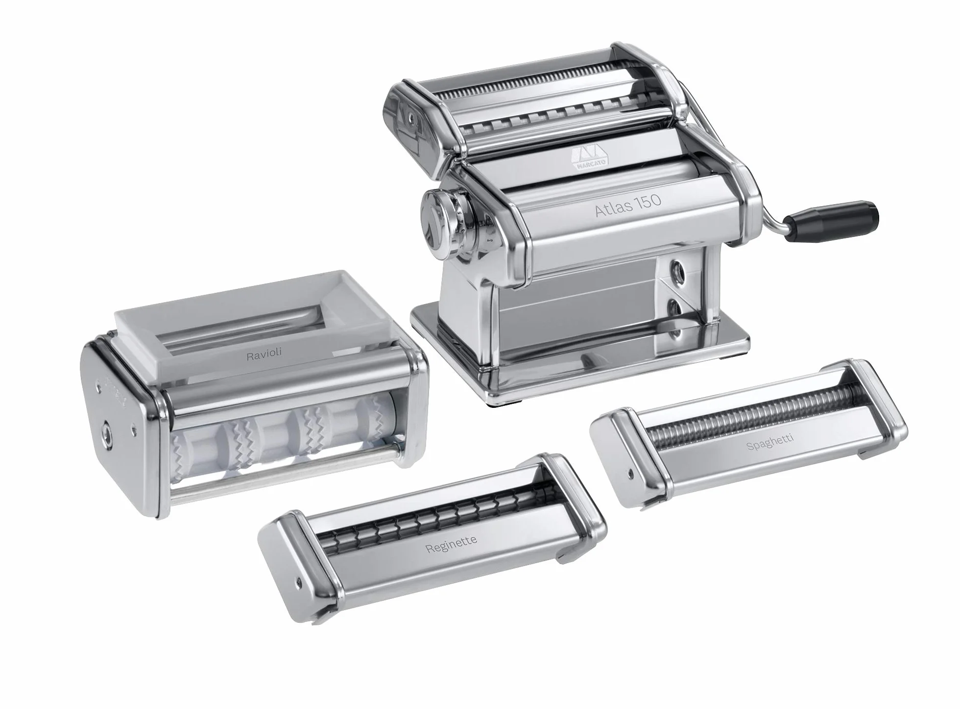 MARCATO Made in Italy Multipast 4 Piece Pasta Maker Gift Set. Includes Atlas 150 Classic Pasta Machine + ravioli + spaghetti + reginette)