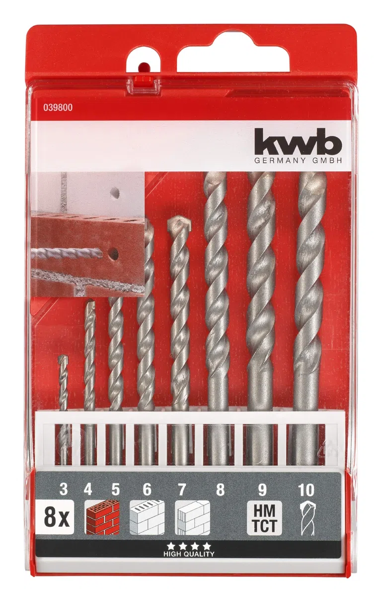 kwb 8-teiliges Beton-Bohrer Set Ø 3-10 mm mit Rundschaft, Steinbohrer-Satz mit gängigen Größen wie 6-mm, 8-mm und 10-mm, Wandbohrer für Schlag-Bohrmaschinen und Akku-Schlagbohrschrauber