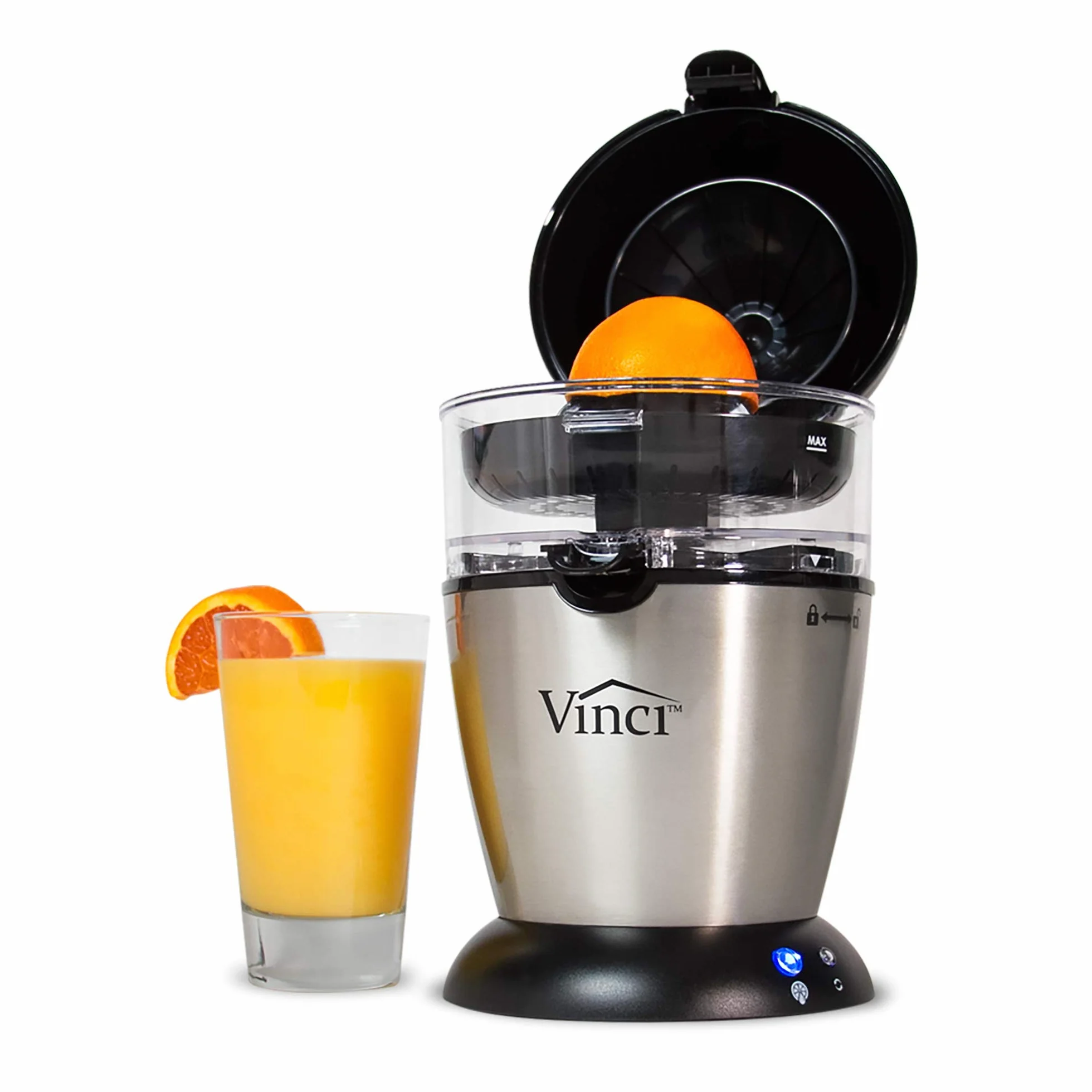 Vinci Electric Juicer, Hands Free Automatic Compact Citrus Press Machine | Pressure-Sensitive Extraction, Fine/Coarse Pulp Filters, 12 oz Bowl, Locking Spout, Fits Limes to 4.5-Inch Grapefruit