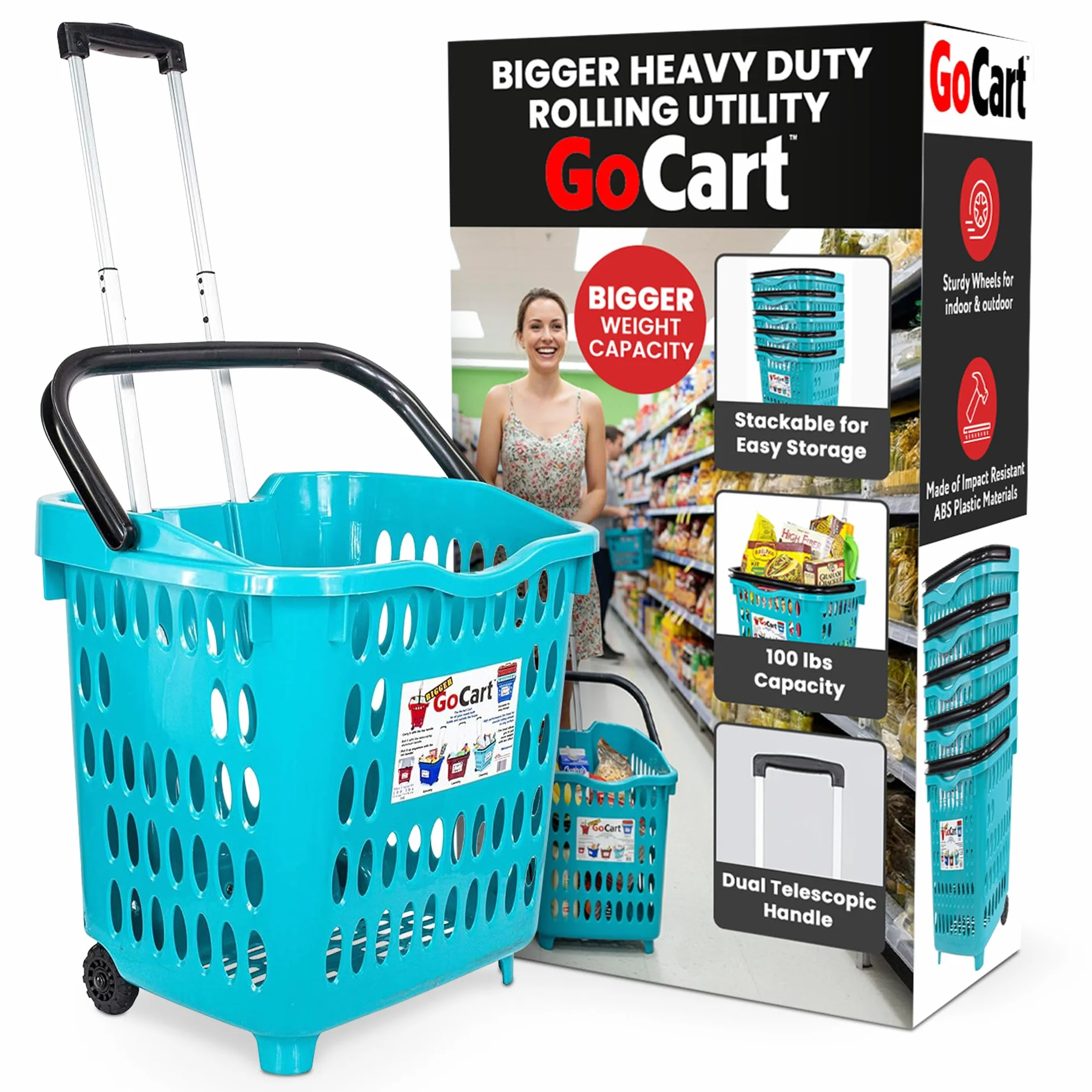 dbest products Bigger GoCart Grocery Cart Rolling Shopping Laundry Basket on Wheels Hamper with Telescopic Handle Cleaning Caddy Trolley, Teal, Bigger 1 pack