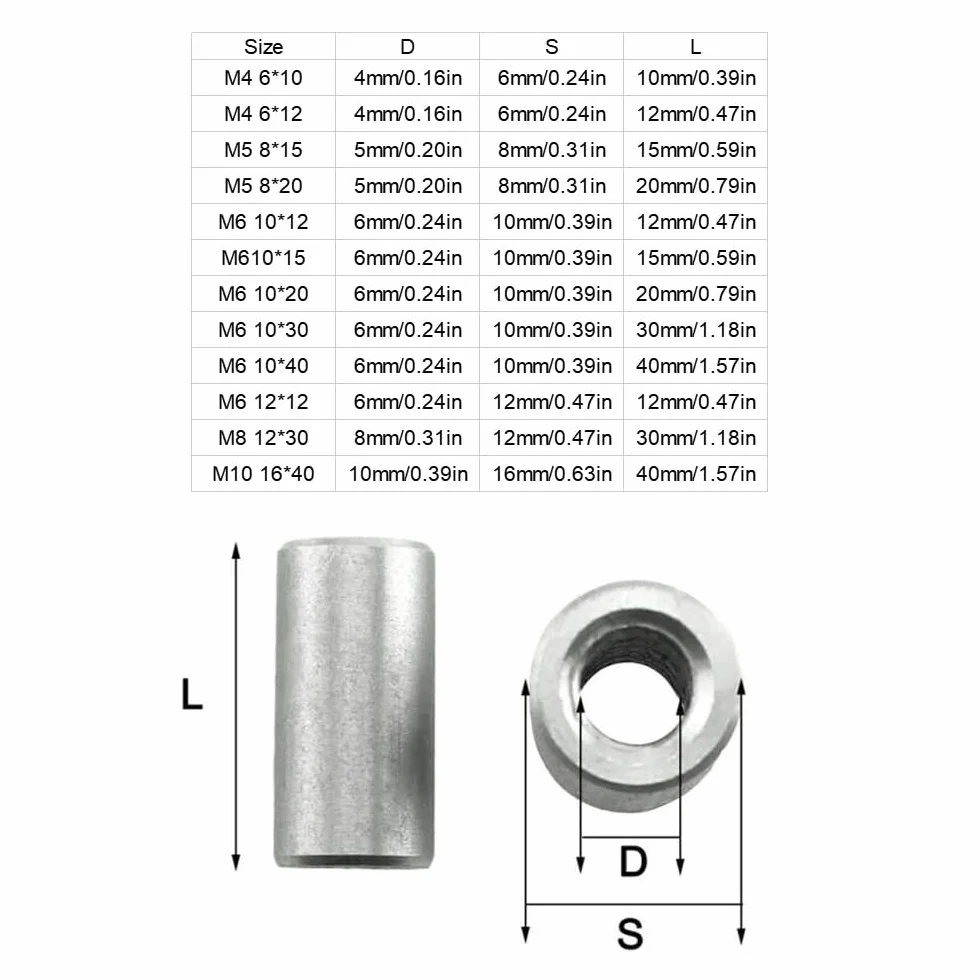 20 Stück M4 6x10mm 304 Edelstahl Mutterverbinder Langmutter Rundverbinder Muttern Innengewinde Stangenbesatz Runde tiefe Mutter