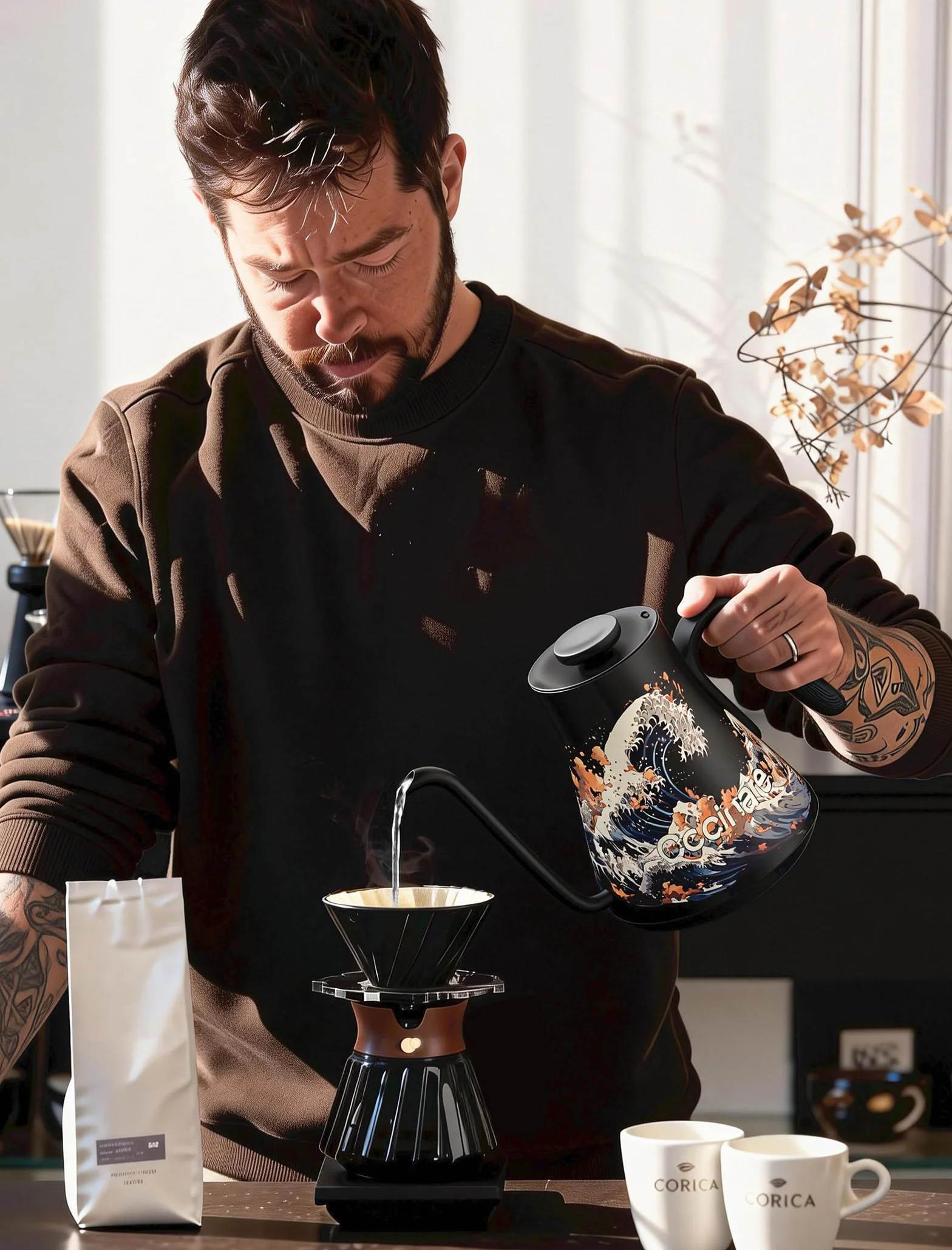 Artisan Collection Gooseneck Electric Kettle, ±0.5°F Temperature Control for Pour Over Coffee & Tea, 1500W Quick Heating, Stainless Steel Interior, 0.9L, Wave Design