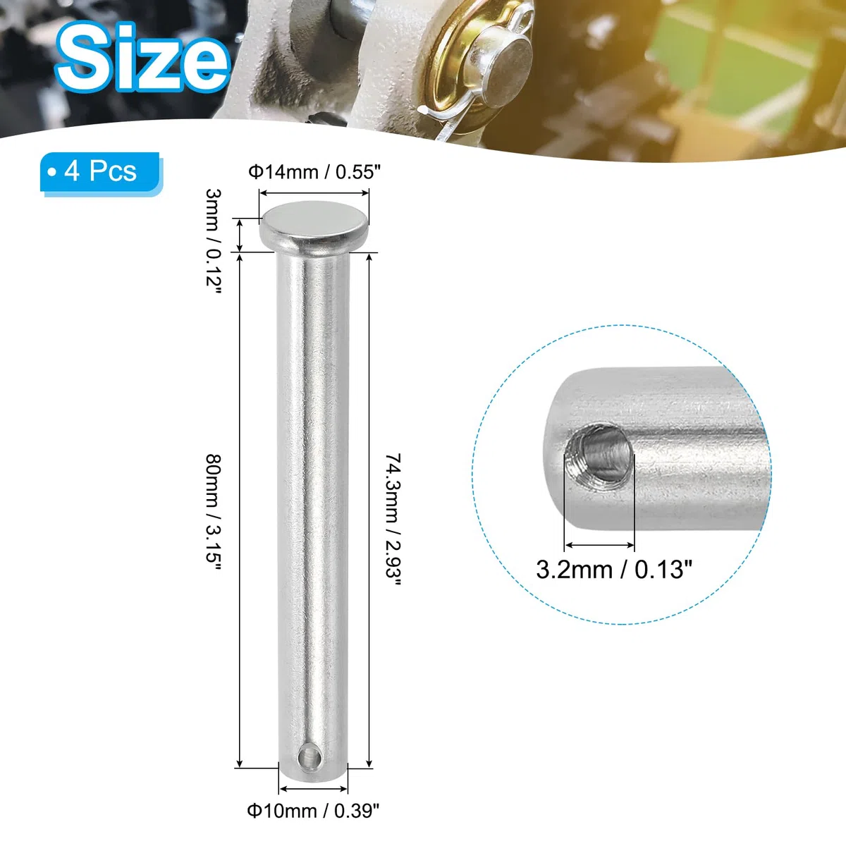 PATIKIL 4 Stück 80mm Lange Steckbolzen 10mm Durch. Flachkopf Edelstahl Bolzen mit Loch 3,2mm Durch. Einlocher Sicherungsbolzen für Industrie Maschinenbau Anhänger Scharnier Möbel, Silber