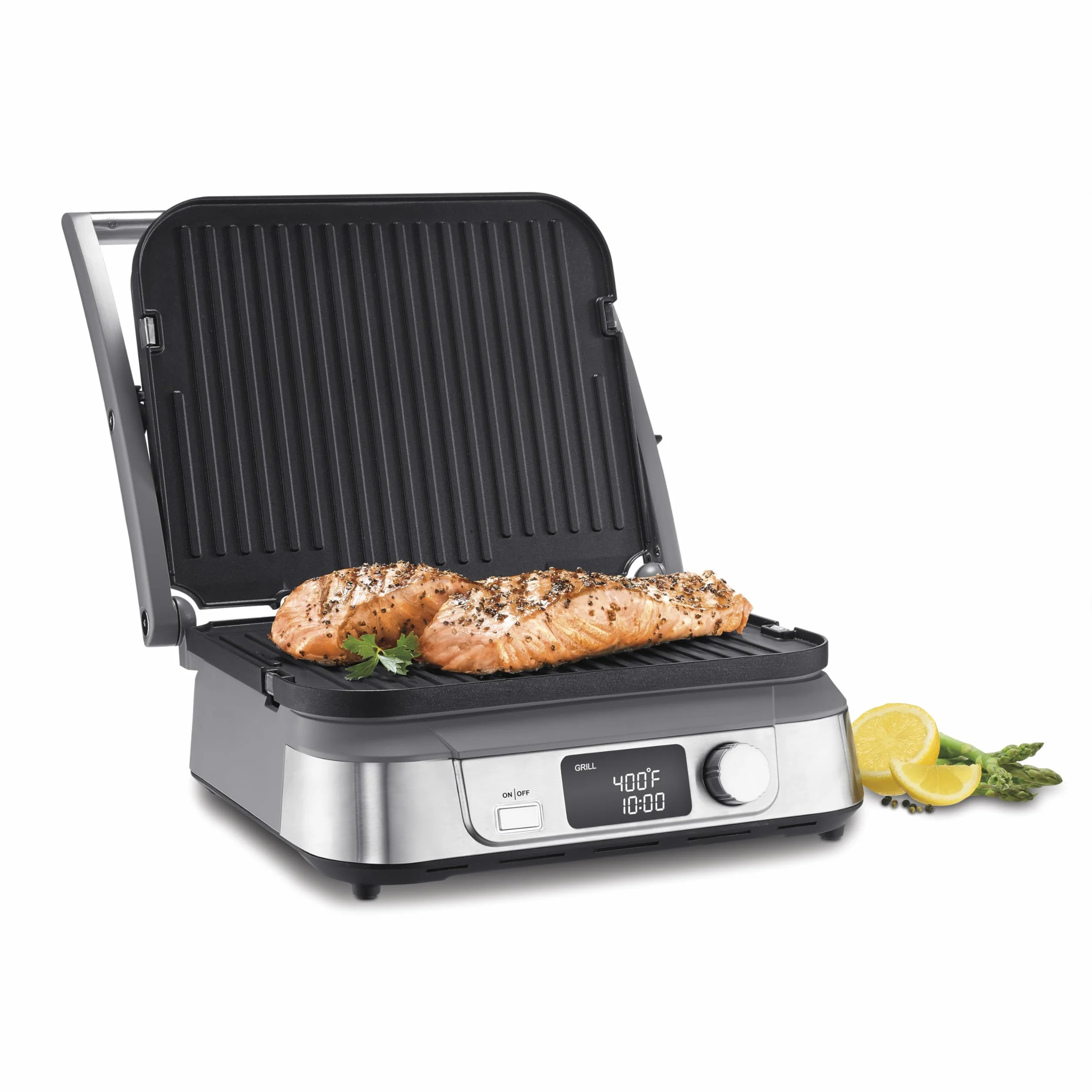 Cuisinart Electric Griddler FIVE Countertop Grill, Enjoy 5-in-1 Functions Including Panini Press, LCD Display, Wide Temperature Range, and Sear Function, Nonstick Plates, GR-5NAS, Stainless Steel