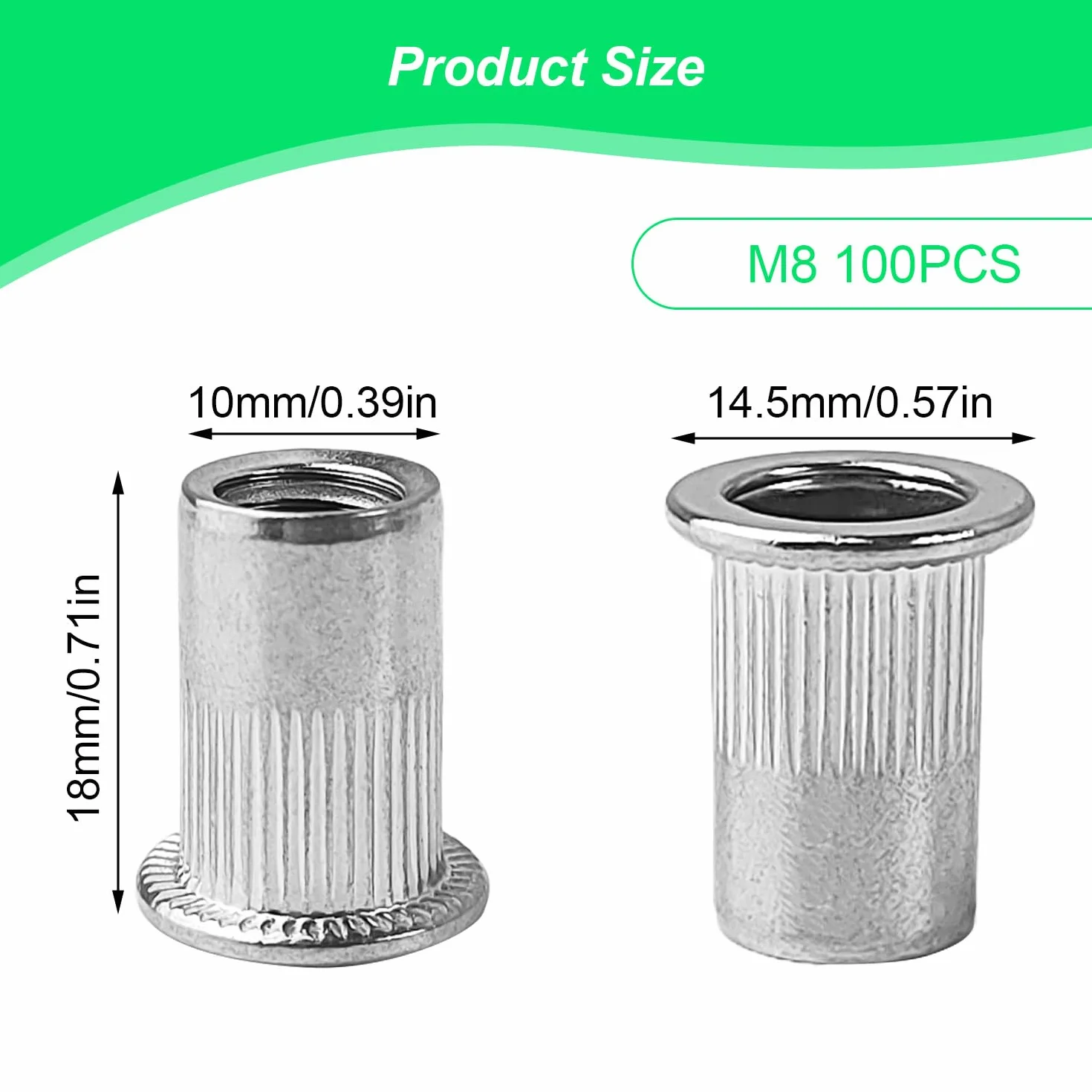 100 Stück Nietmuttern M8, Edelstahl, mit Gerilltem Körper Nietmuttern, Gewindenieten, 10 mm Einpressmuttern, Geeignet für Metall- und Kunststoffplatten (Silber)