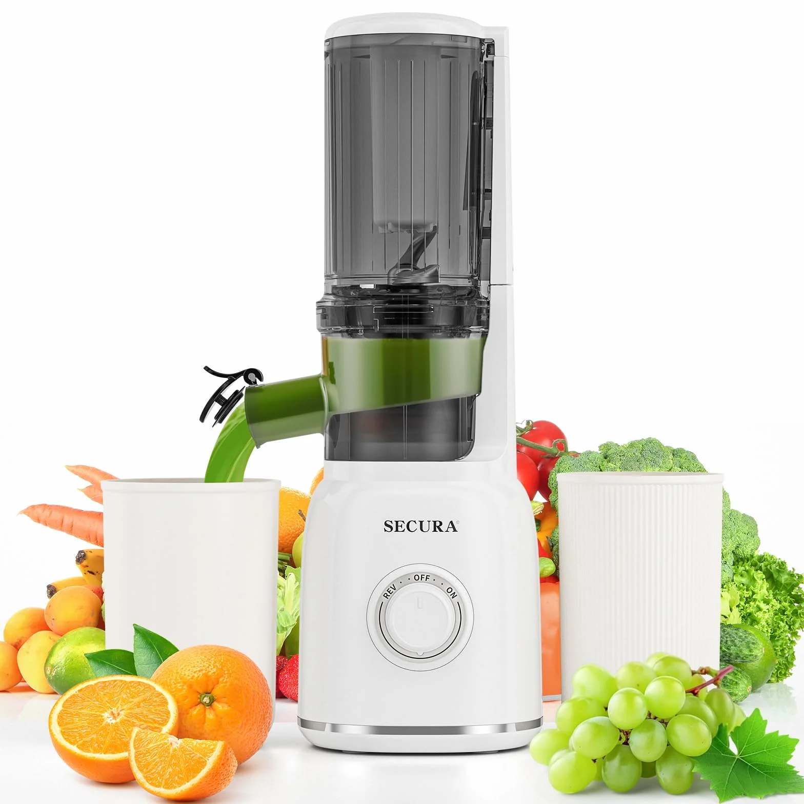 Secura Mesh Free Slow Juicer with Stainless Steel Prong Spiral Auger, Cold Press Juicer, Masticating Juicer Machines with Quiet Motor & Reverse Function for Vegetables and Fruits, White