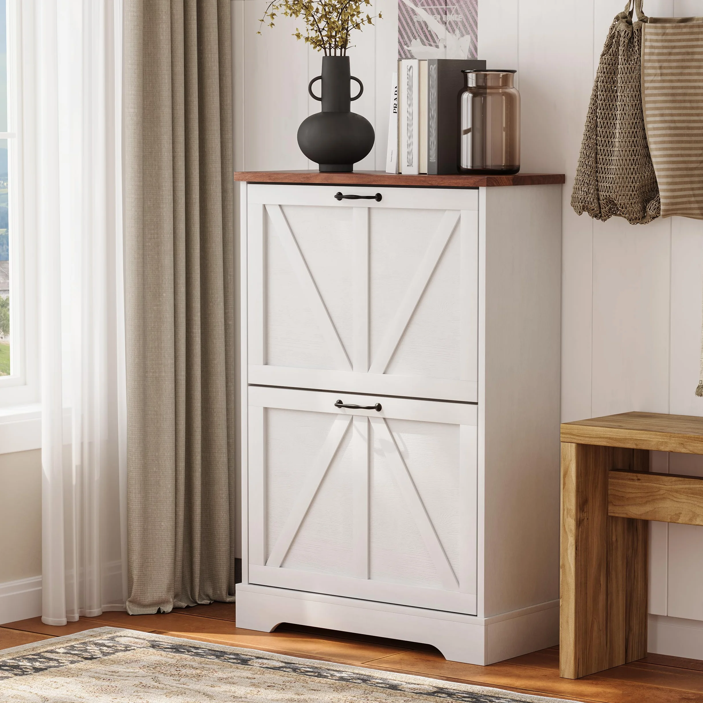 Semiocthome Farmhouse Shoe Storage Cabinet with 2 Flip Drawers, 23.6"(W) Freestanding Shoe Organizer with Barn Door and Metal Handles for Entryway, Rustic Narrow Slim Shoe Rack Cabinet - White
