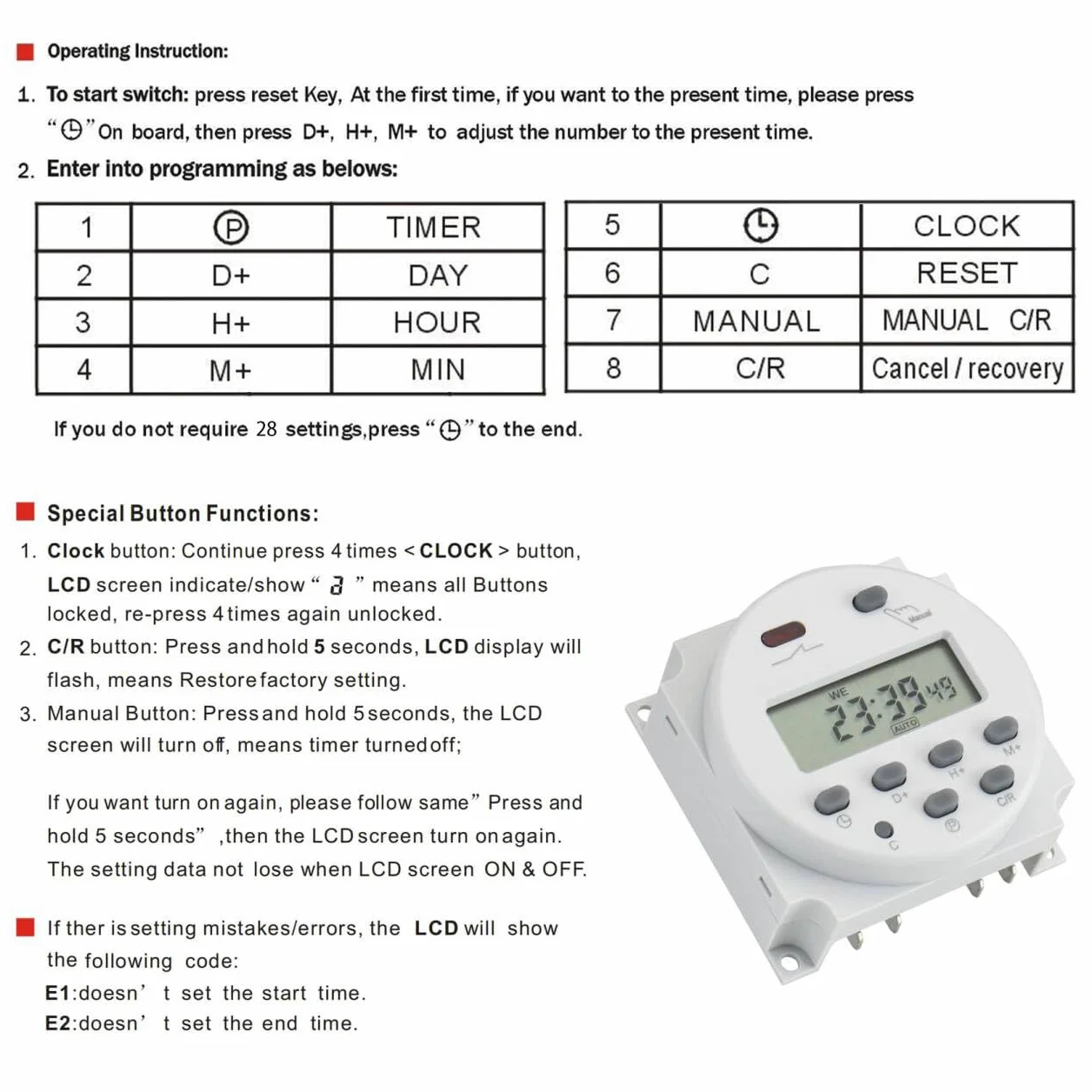 Baomain CN101A Programmierbares Timer-Relais, Eingang 12 V DC/AC Eingang, Ausgang 200-250 V 16 A, LCD-Display, täglich/wöchentlich