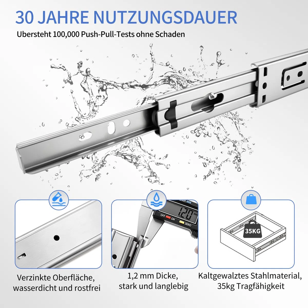 Schubladenschienen 350mm, 1 Paar (2 Stk.) Kugelauszug, 35mm Nut Schubladenauszug, Vollauszug Schubladenführungen mit Montageschrauben, Schubladen Schienensystem belastbar bis 35kg