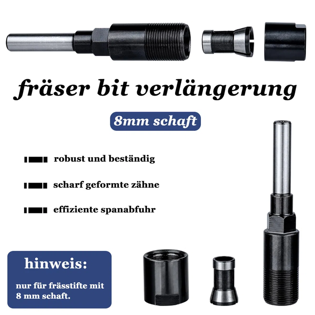 Verlängerung Spannzange für Fräser 8mm - Spannfutter für Holzbearbeitung Rundschaft Trimmen Gravurmaschine - Schwarz