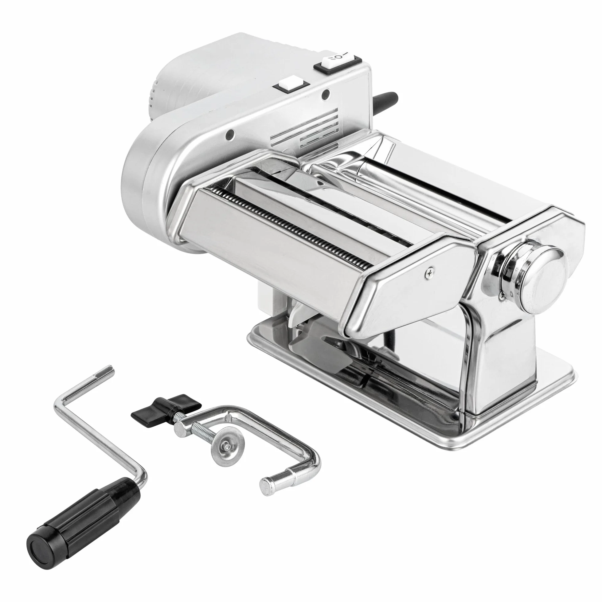 Restaurantware Electric Pasta Maker 1 Count 14.6 x 9.4 x 5.7 Inches Stainless Steel Automatic Pasta Machine and Taglierini Roller With Motor, Silver