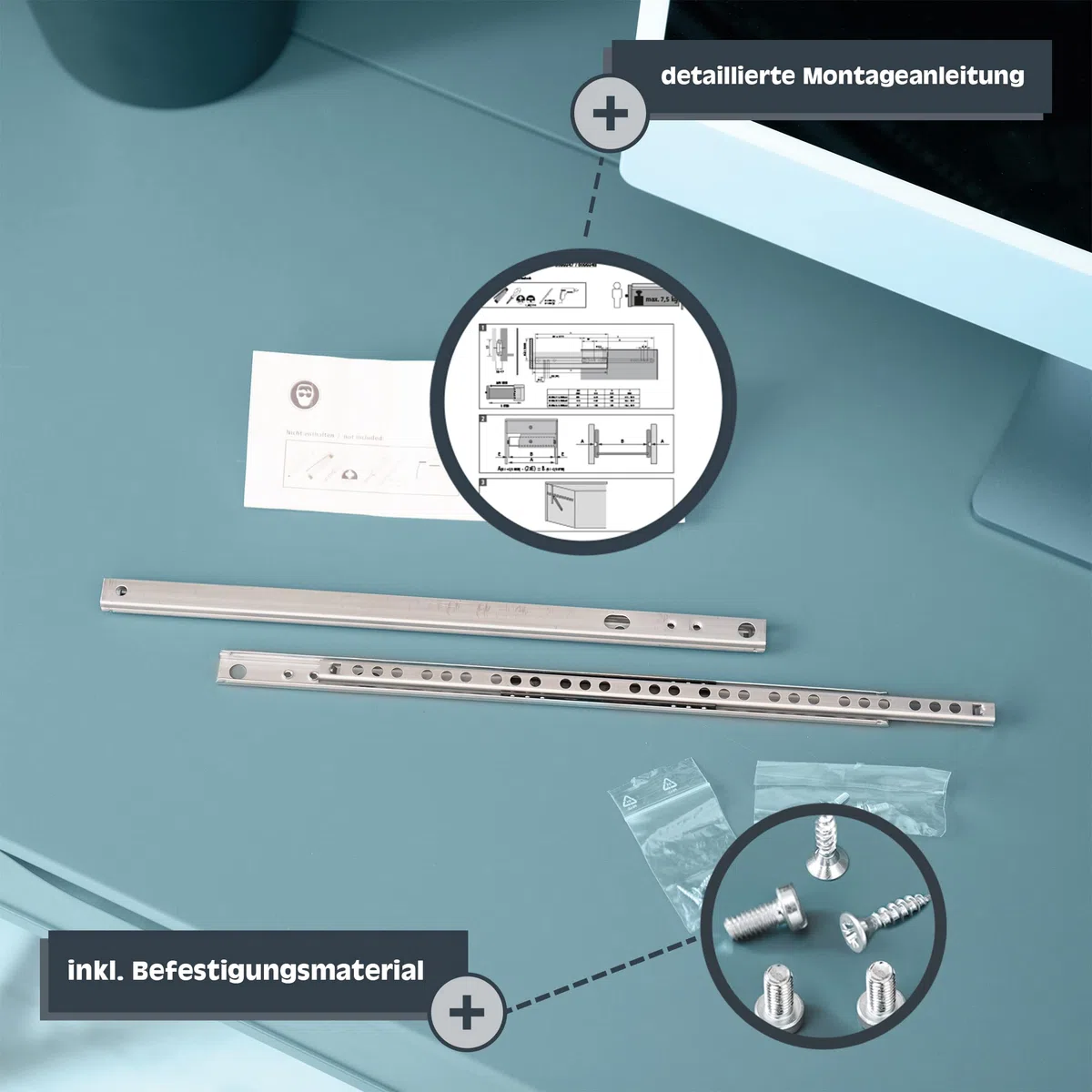 HELPMATE – Nut Schubladenschiene 27 mm Länge 310 mm – 1 Paar 2er Set Kugelauszug – Schubladenauszug – Schienensystem – Schubladenführung Teilauszug – Stahl verzinkt – silber inkl. Befestigungsmaterial