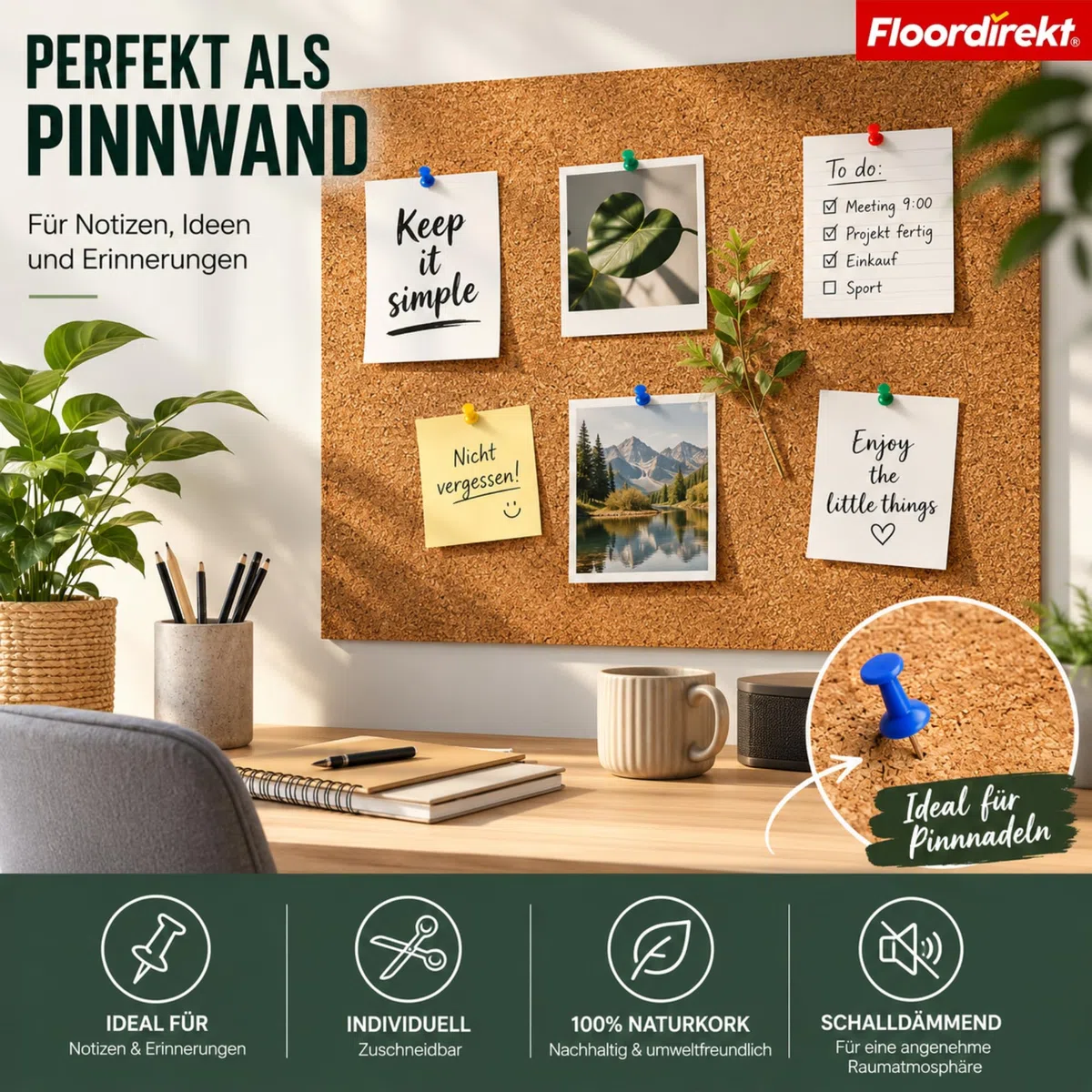 Floordirekt Rollenkork 100 x 100 cm, 2 mm - Natürliche Dämmunterlage - Vielseitig einsetzbar - Schall- und wärmeisolierend