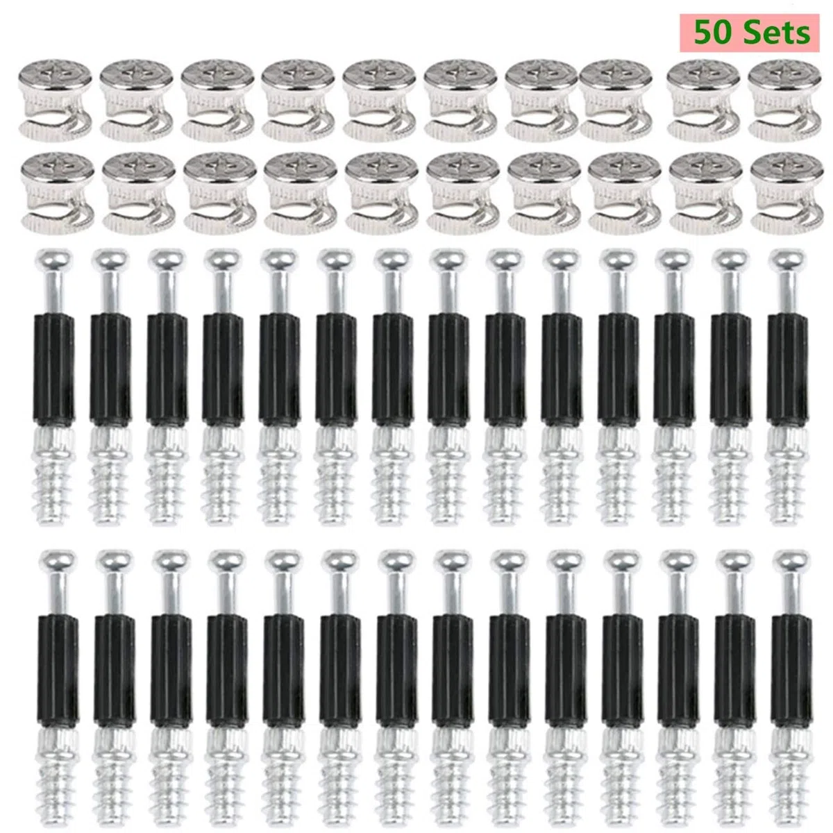 BUYGOO 50 Paar Exzenter Möbelverbinder Rastex 15 - Möbelverbinder Schrankverbinder, Zinkdruckguss vernickelt Möbelschrankverbinder Ø15mm Passschraube Exzenternocken und Bolzen Passdübel M6 x 45mm