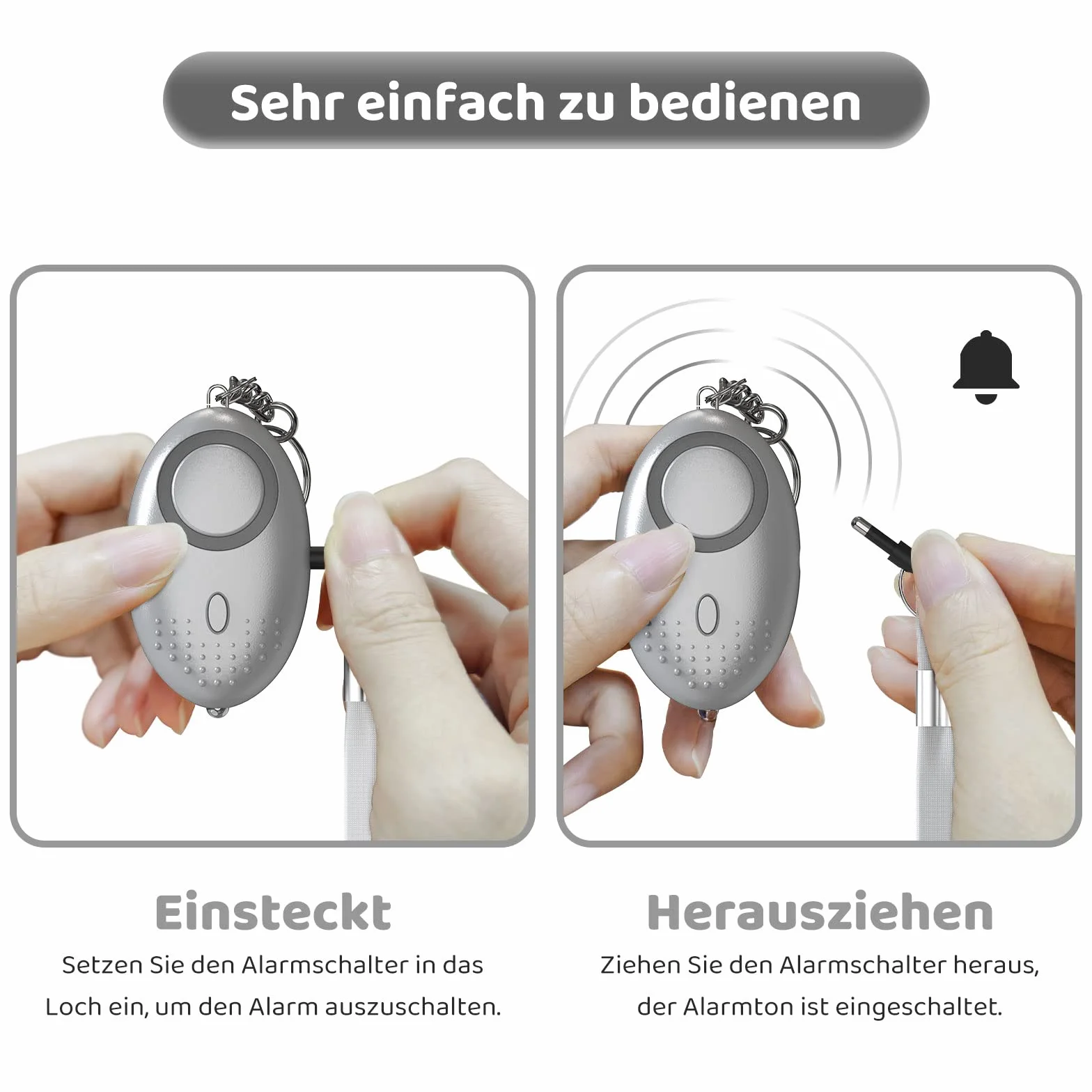 Schrillalarm für Frauen, Selbstverteidigung Taschenalarm - 150dB Sehr Lauter Persönlicher Panikalarm - Sicherheit Schlüsselanhänger, Sirene - Alarm für Frauen mit Taschenlampe (Silber)