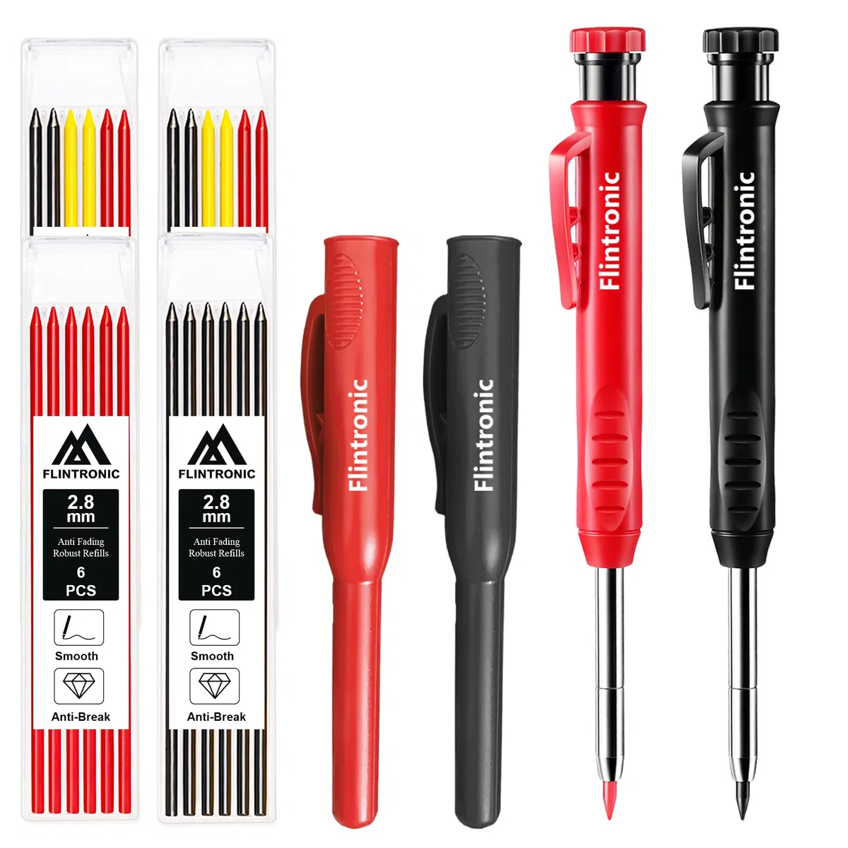 flintronic Tieflochmarker Bleistift Set, 8er-Set Zimmermannsbleistifte mit 26 Minen, Bleistift Baustelle, Zimmermannsbleistift mit Etui, Robuster Konstruktionsbleistift für Architekten