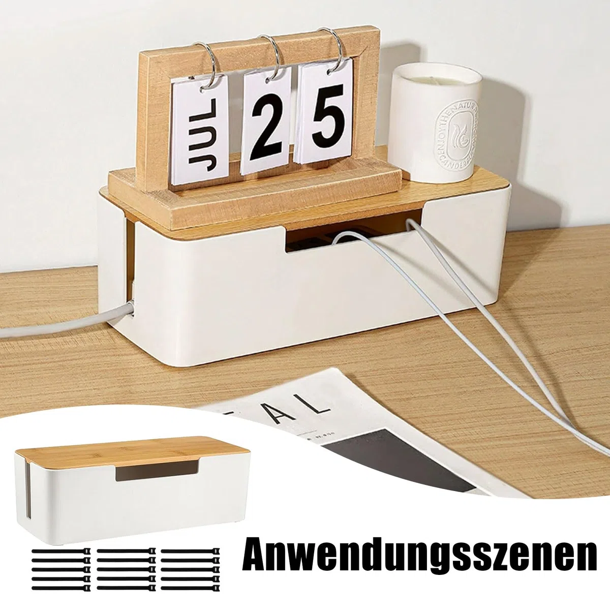 Kabelbox, Cord Organizer Box mit Hölzernem Deckel, 30x13x10cm Kabel Organizer Box Mit Kabelbinder und Kabelhaltern, Cable Management Box, Steckdosenbox, für Verlängerungskabel, Versteckte Kabel, Weiß