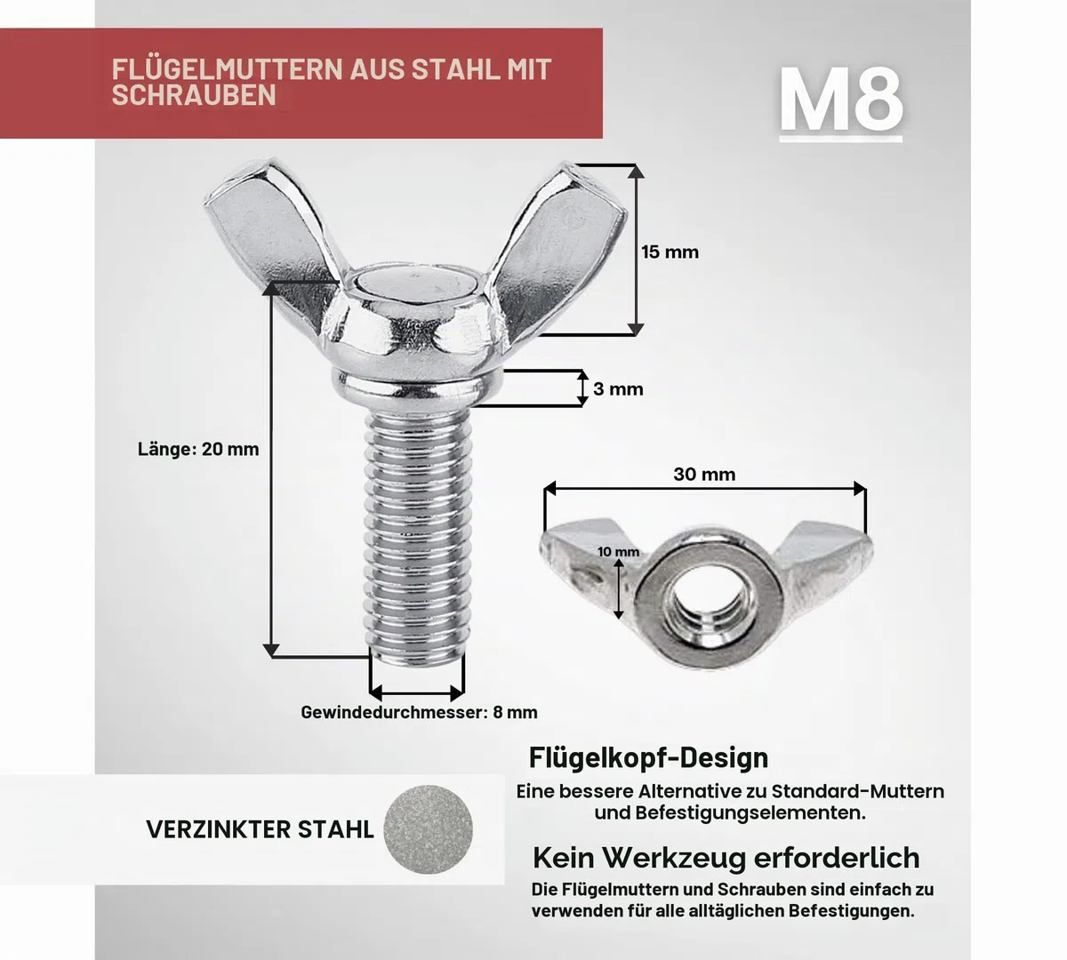DOJA Industrial | Flügelschrauben M8 x 20 mm | PACK 10 | Handflügelschraube | Hochwertige Stahlschrauben | Flügelbolzen Daumen | Flügelgewinde Einfach zu verwenden und anzuwenden
