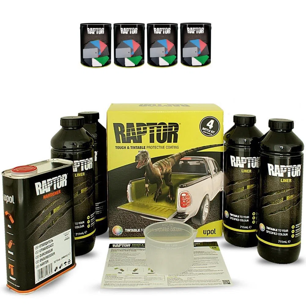 Raptor Lack Beschichtung 4er Set + 4x 0,1 L Raptor Farbkonzentrat. Alle RAL Farben/Upol (RAL 6013 Schilfgrün)