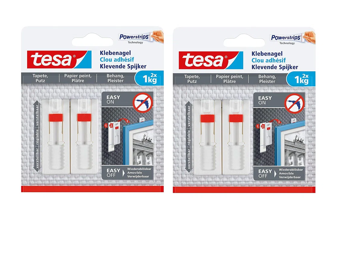 tesa Verstellbarer Klebenagel (für Tapeten und Putz, Höhenverstellbarer, selbstklebender Wandnagel (1 kg | 4 Nägel)