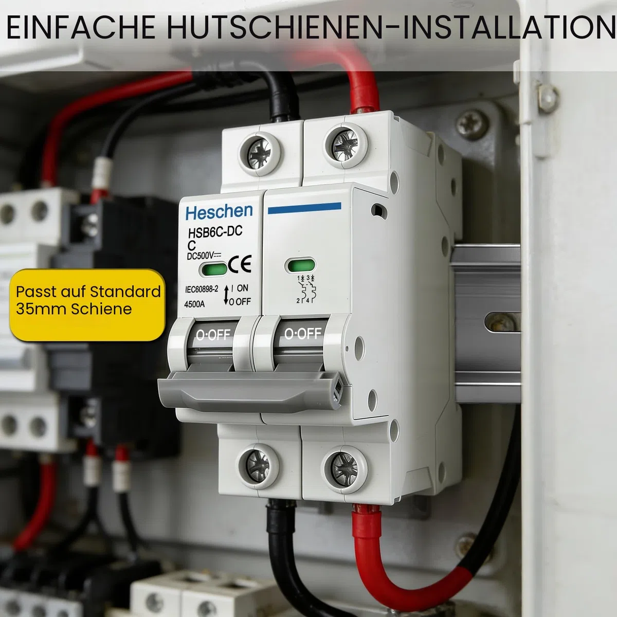 Heschen DC-Leitungsschutzschalter für Photovoltaik, HSB6C-DC, 2-polig, DC 500 V, C 16A, nicht polarisiert, DIN-Schienenmontage, für Solaranlagen