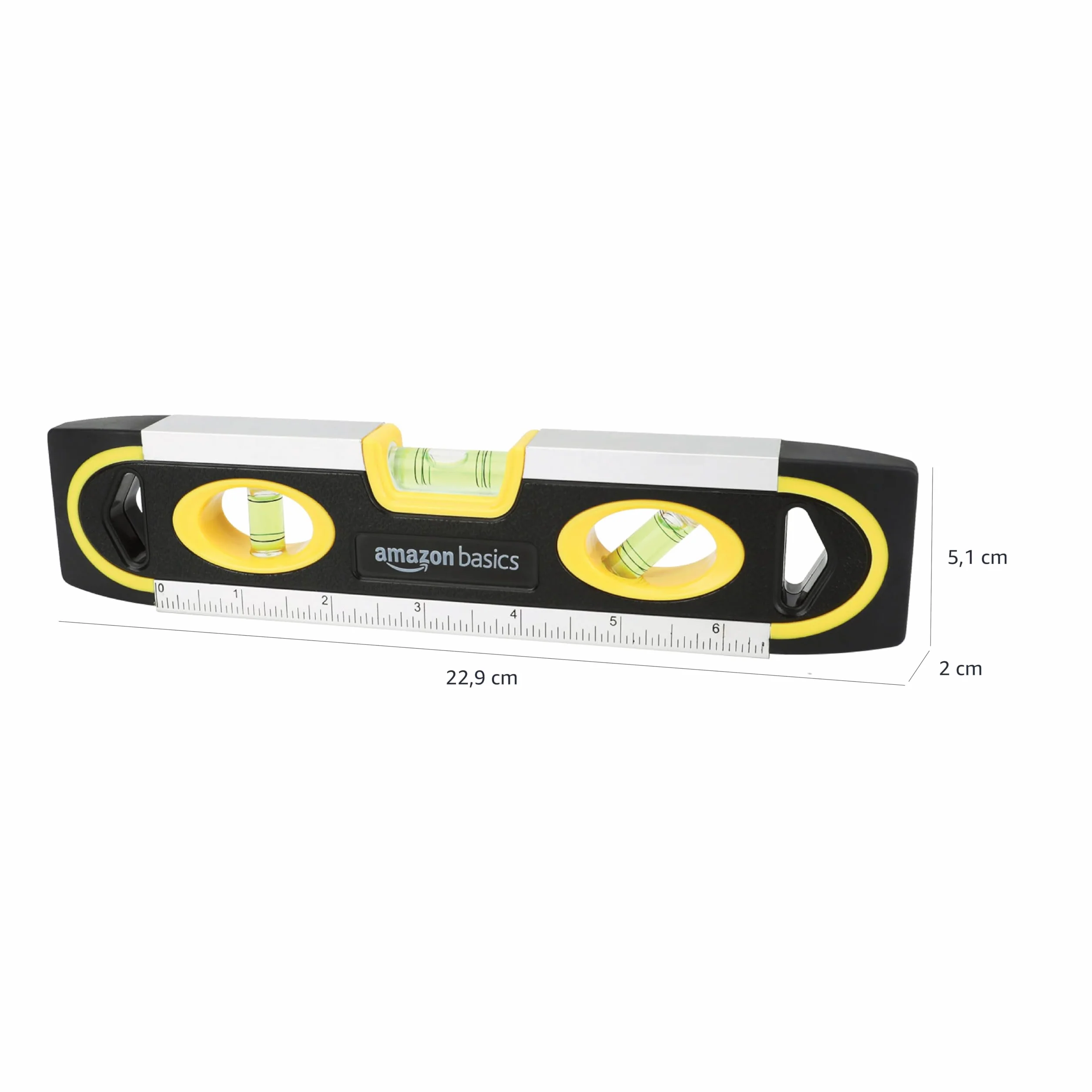Amazon Basics Magnetische Torpedo-Wasserwaage und Lineal-Wasserwaage Lot/Wasserwaage/180-90-45-Grad-Blasen, 22.8 cm (9 zoll), Schwarz, Gelb