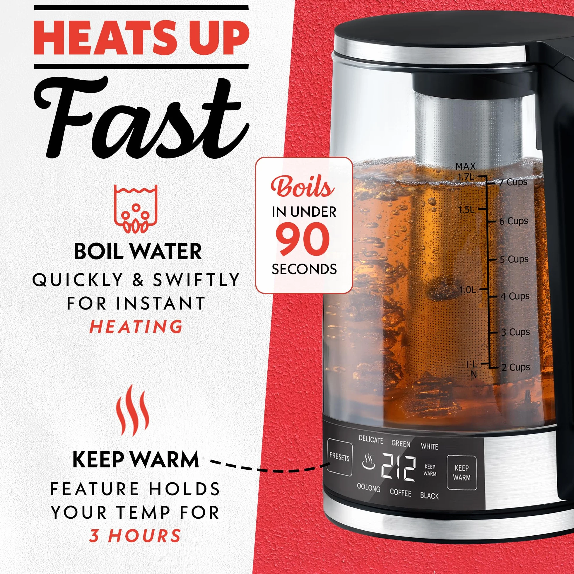 Programmable Digital Glass Kettle – 1.7L Adjustable Temperature Electric Kettle with 6 Presets, Keep Warm, Stainless Steel Tea Infuser, 360° Swivel Base, Black