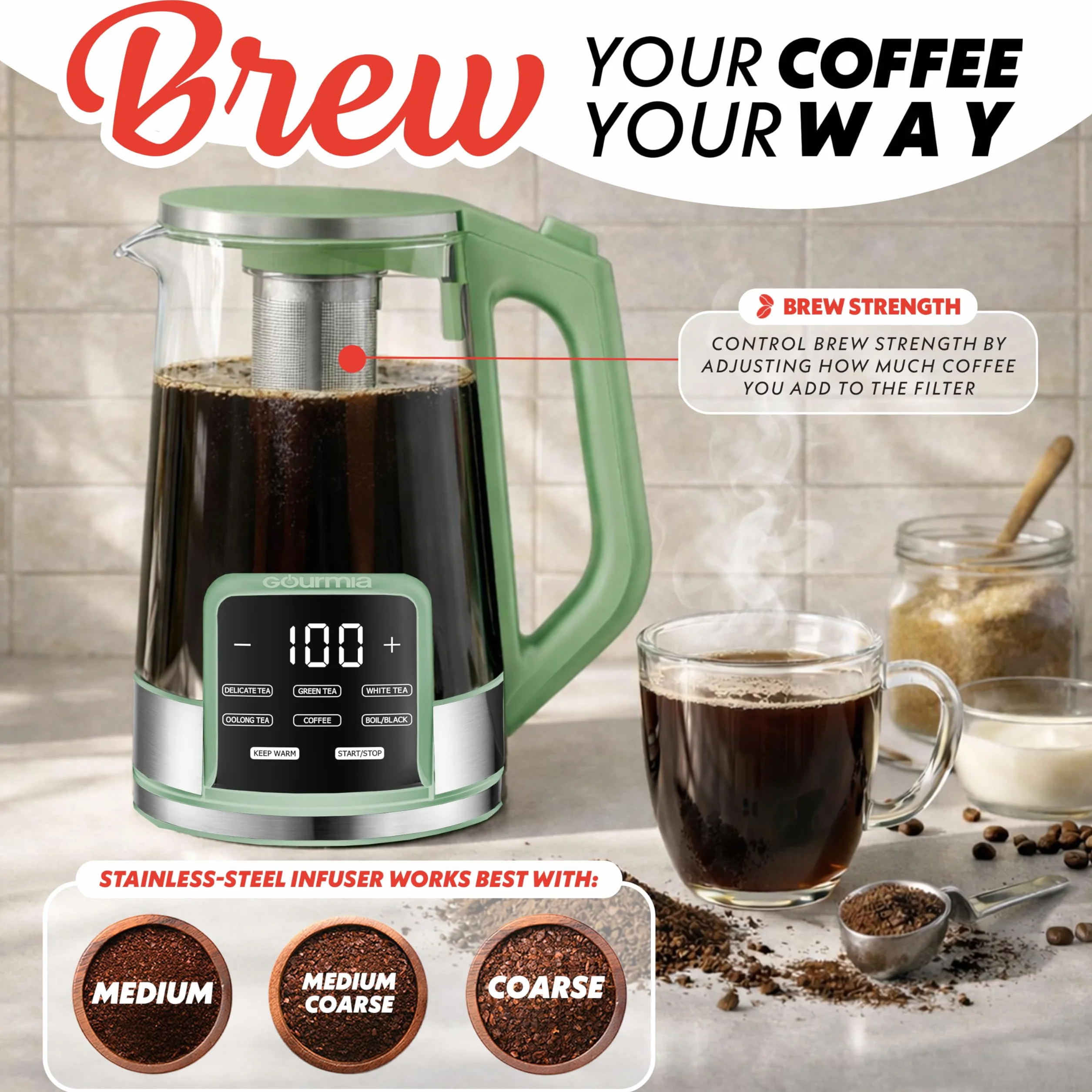 Electric Glass Kettle – 1.7L Programmable Tea & Coffee Brewer with Digital Touch Display, 6 Presets, Removable Stainless Steel Infuser, Cordless with 360° Swivel Base, Green