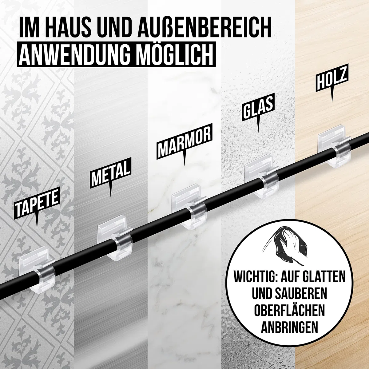 MYMIND® Kabelhalter selbstklebend 50 Stück Indoor & Outdoor – Kabelclips für Kabelmanagement – Kabelklemmen & Kabelorganisator für Schreibtisch – Kabelbefestigung für Lichterkette
