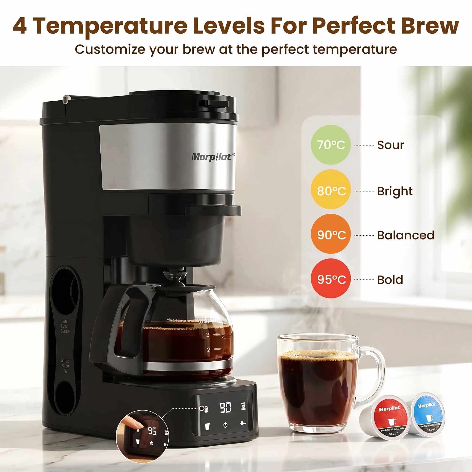 Morpilot 2-Way Coffee Maker, Compatible with K-Cup Pods or Grounds, Compact Drip Coffee Machine with 20oz/600ml Carafe Sizes, 4 Temperature Settings, 60 Min Keep Warm