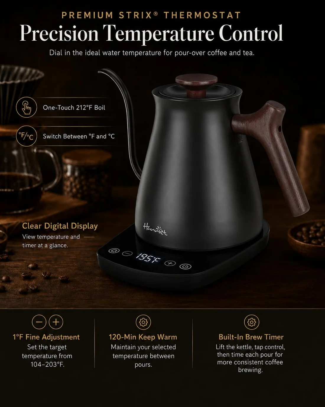 Gooseneck Electric Kettle, 0.8L, 1°F Control, Brew Timer | 120-Min Keep Warm, 104–203°F Control, Built-In Brew Timer, SUS304 Stainless Steel, Wood-Accent Handle for Pour-Over Coffee