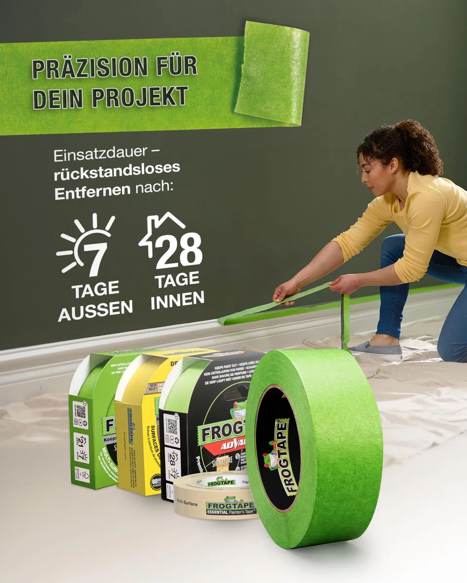 FrogTape Advanced Washi Malerband, Innen & Außen, 36mm x 41,1m | PaintBlock, UV-beständig, scharfe Kanten, rückstandslos, Malerkrepp, Feinkrepp