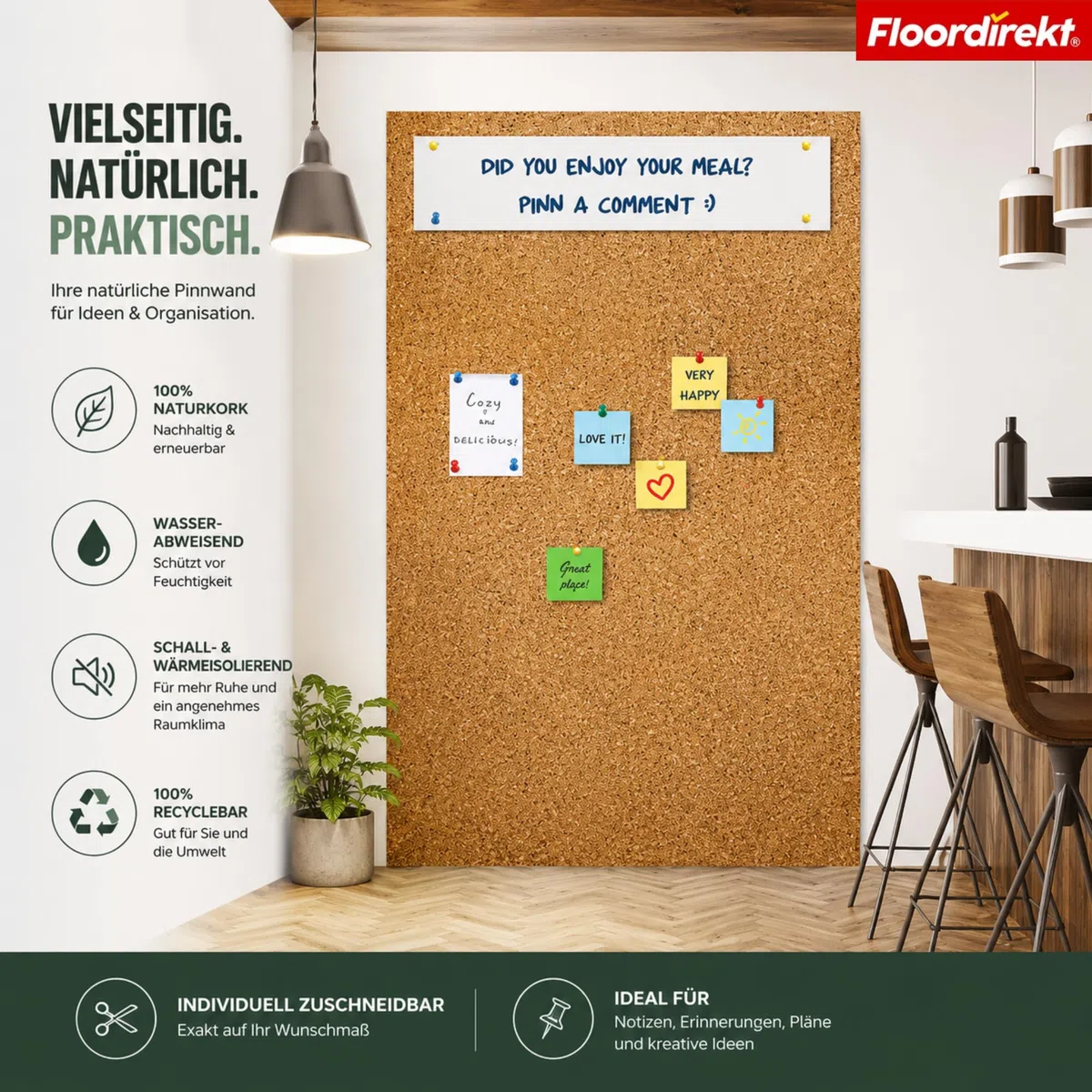 Floordirekt Rollenkork 100 x 100 cm, 2 mm - Natürliche Dämmunterlage - Vielseitig einsetzbar - Schall- und wärmeisolierend