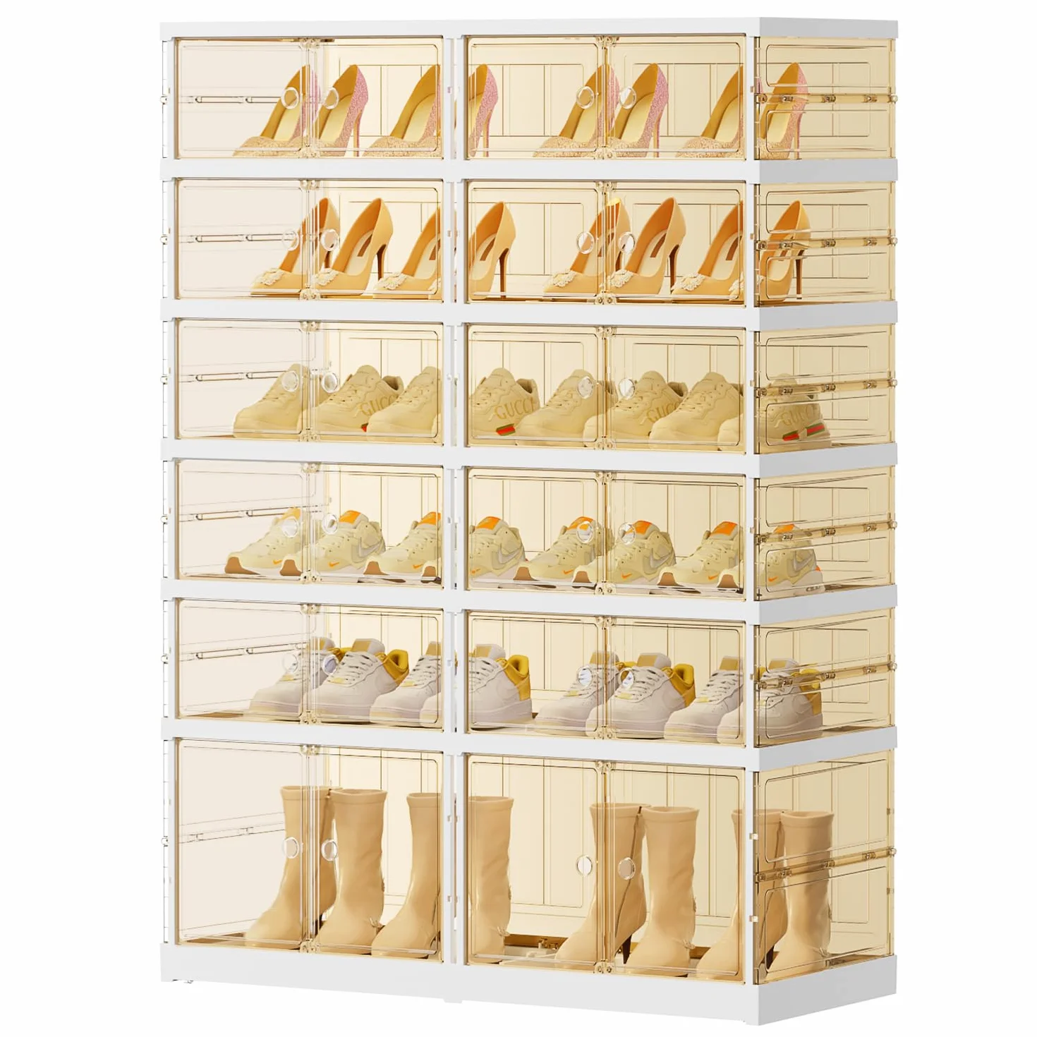 EHAMILY 6-Tier Foldable Shoe Rack Organizer with Doors, 24 Pairs, White | Collapsible Large Plastic Shoe Storage, Stackable, Tinted Doors, 12-24 Pairs, Easy Assembly, Closet, Entryway, Fits Boots