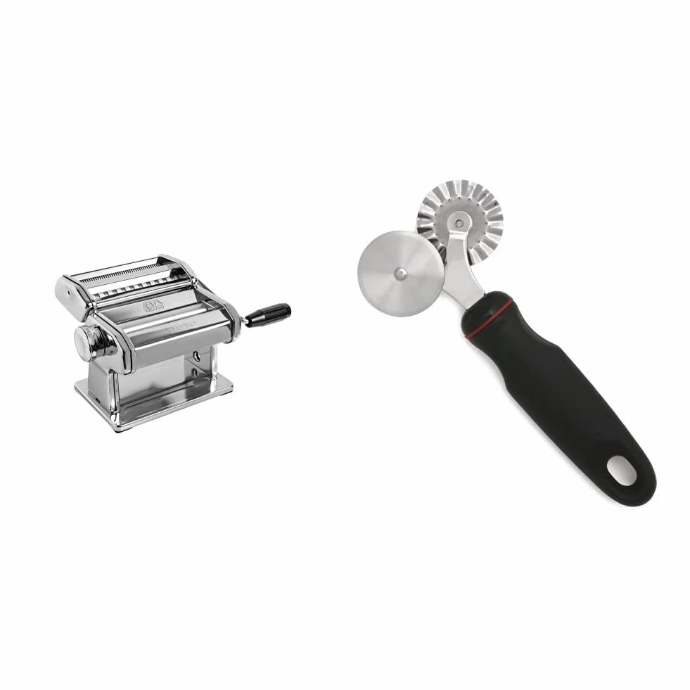 MARCATO Atlas 150 Pasta Machine, Made in Italy, Includes Cutter, Hand Crank, and Instructions, 150 mm, Stainless Steel & Norpro Grip-EZ Pastry/Ravioli Wheel, Black