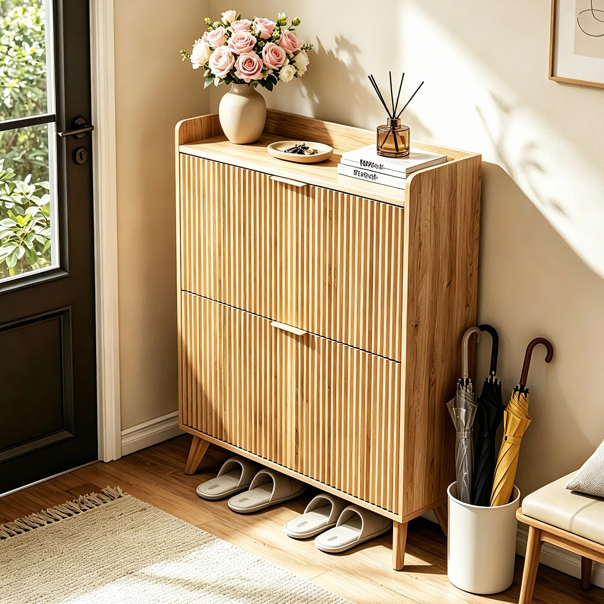 Fluted Shoe Cabinet Storage with 2 Flip Drawers, Wood Narrow Hidden Shoe Organizer with Adjustable Shelf for Entryway, Freestanding Slim Shoe Rack for Hallway Living Room, Saving Space, Oak